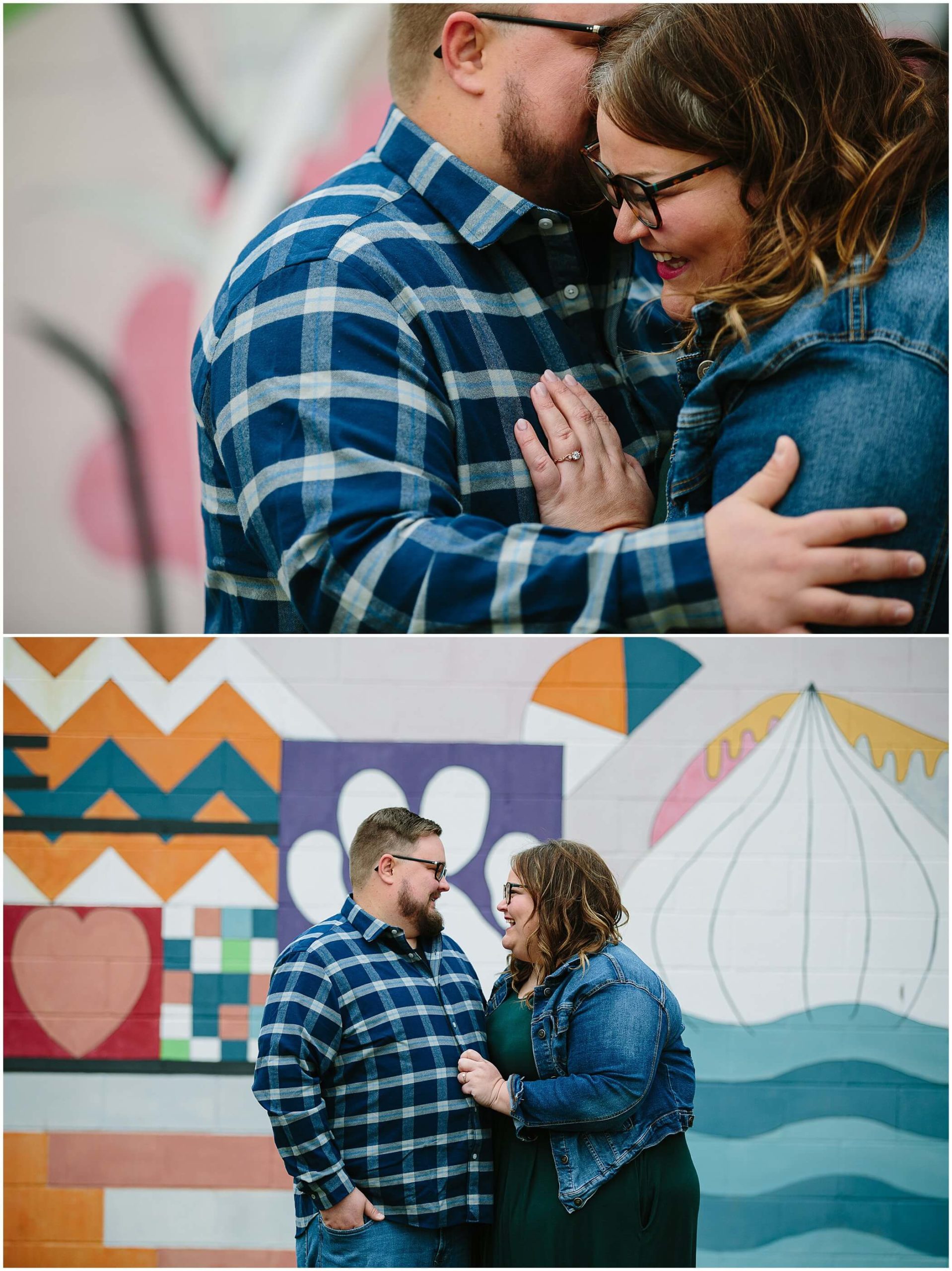 couple laughing together in front of a mural in downtown cedar falls