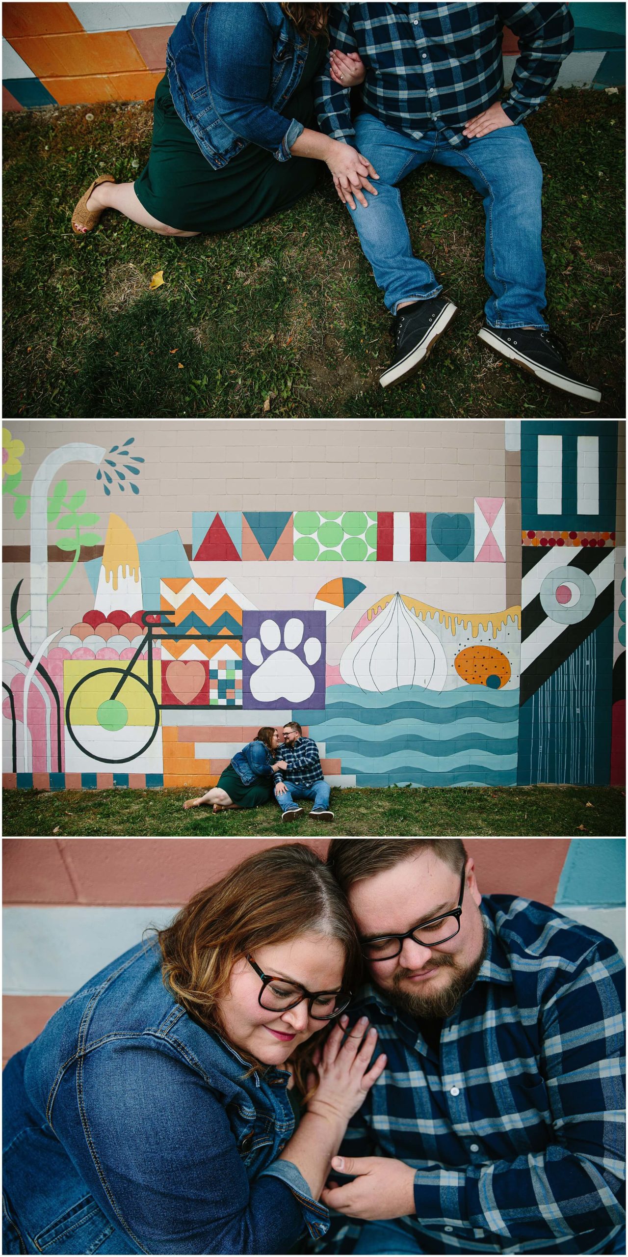 couple cuddling in front of a mural during their downtown cedar falls engagement session