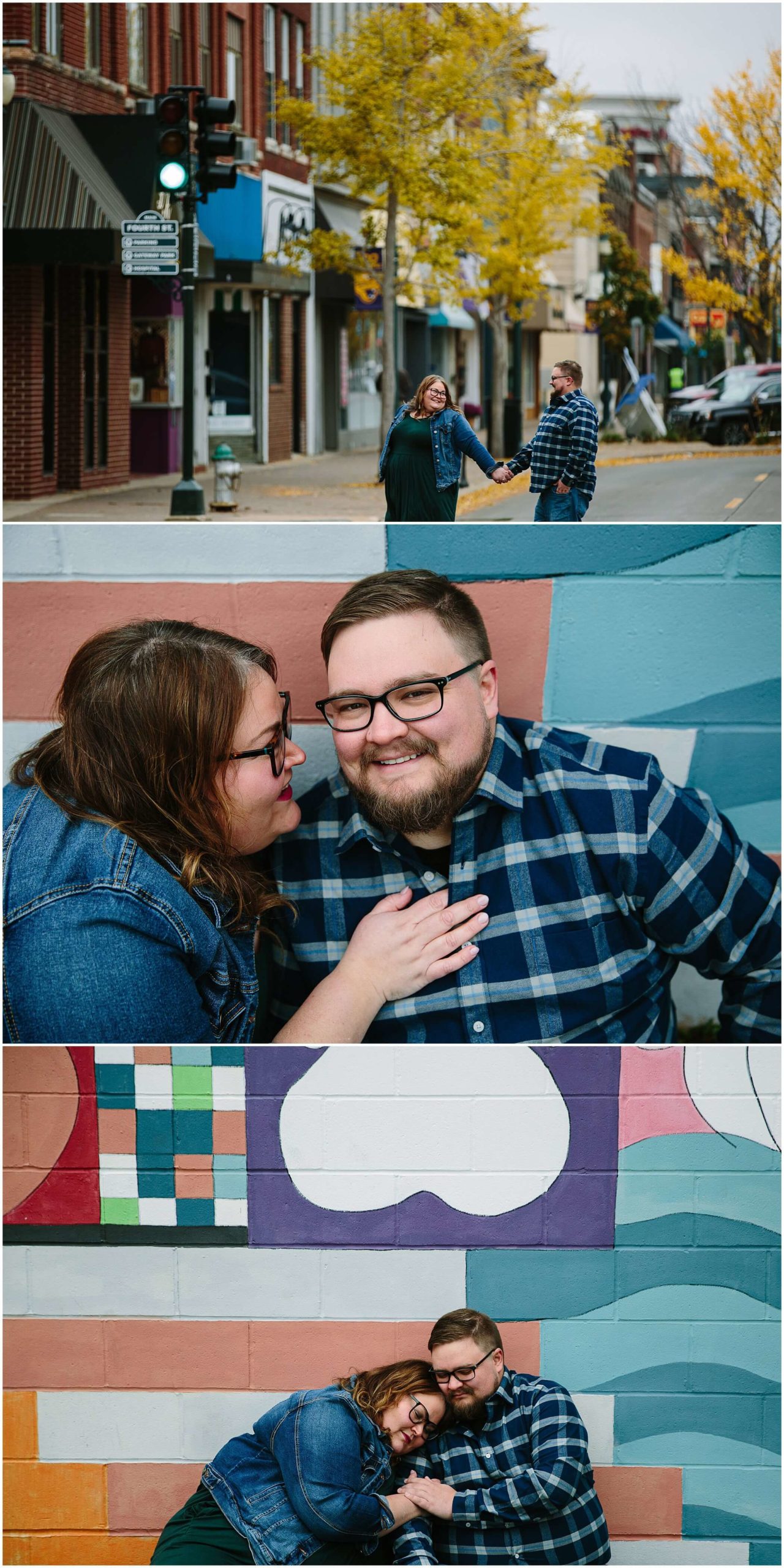 couple walking around downtown cedar falls during their engagement photos