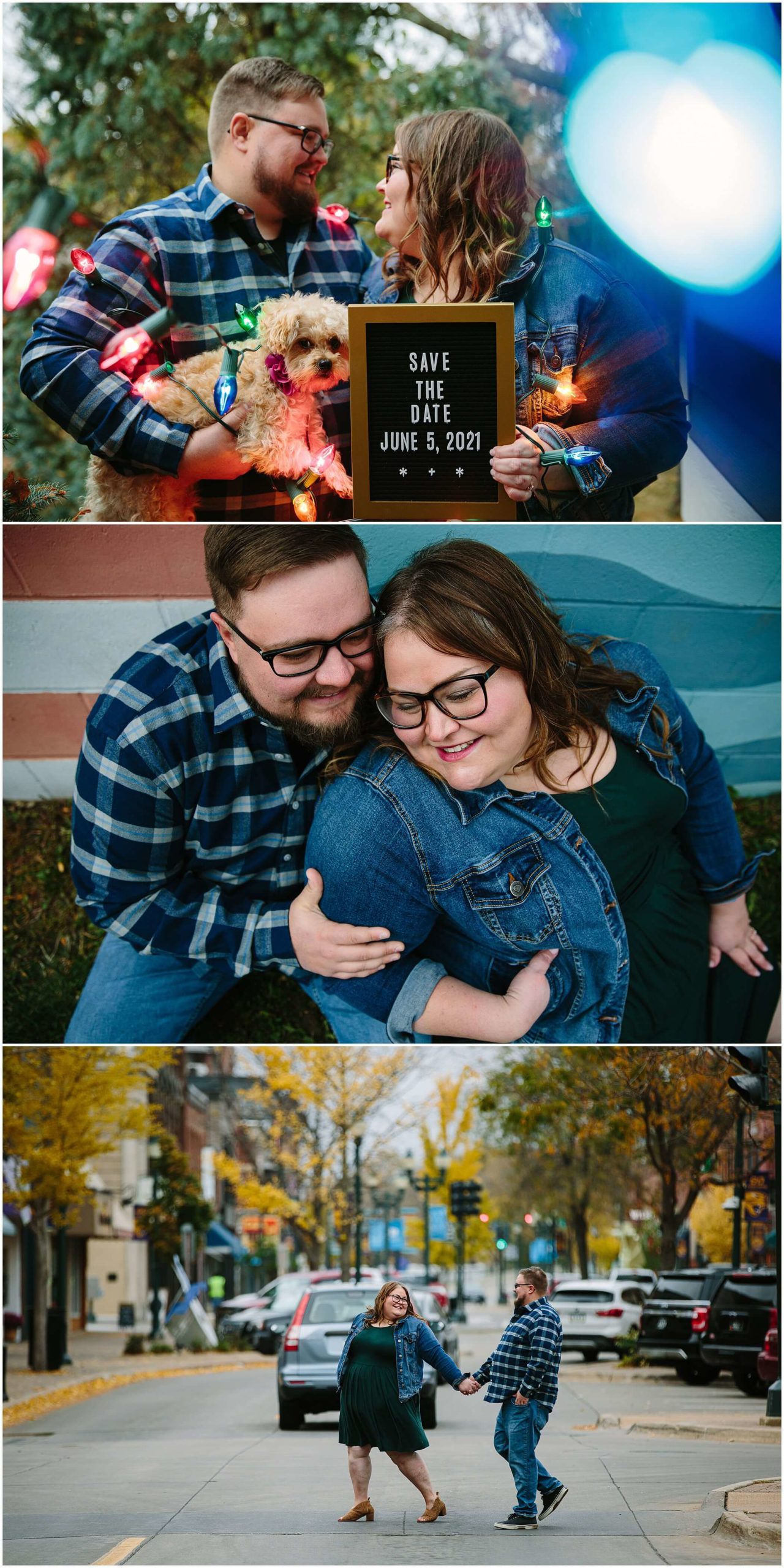 couple using christmas lights and a letterboard for their save the date