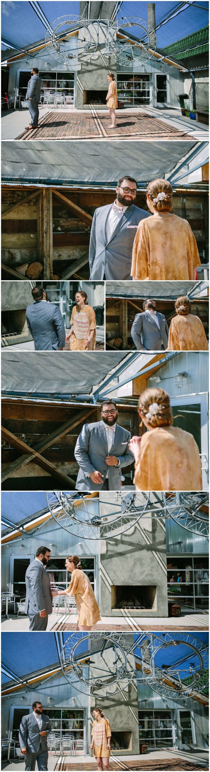 funny first look on wedding day wearing his tshirt at convivium urban farmstead in dubuque