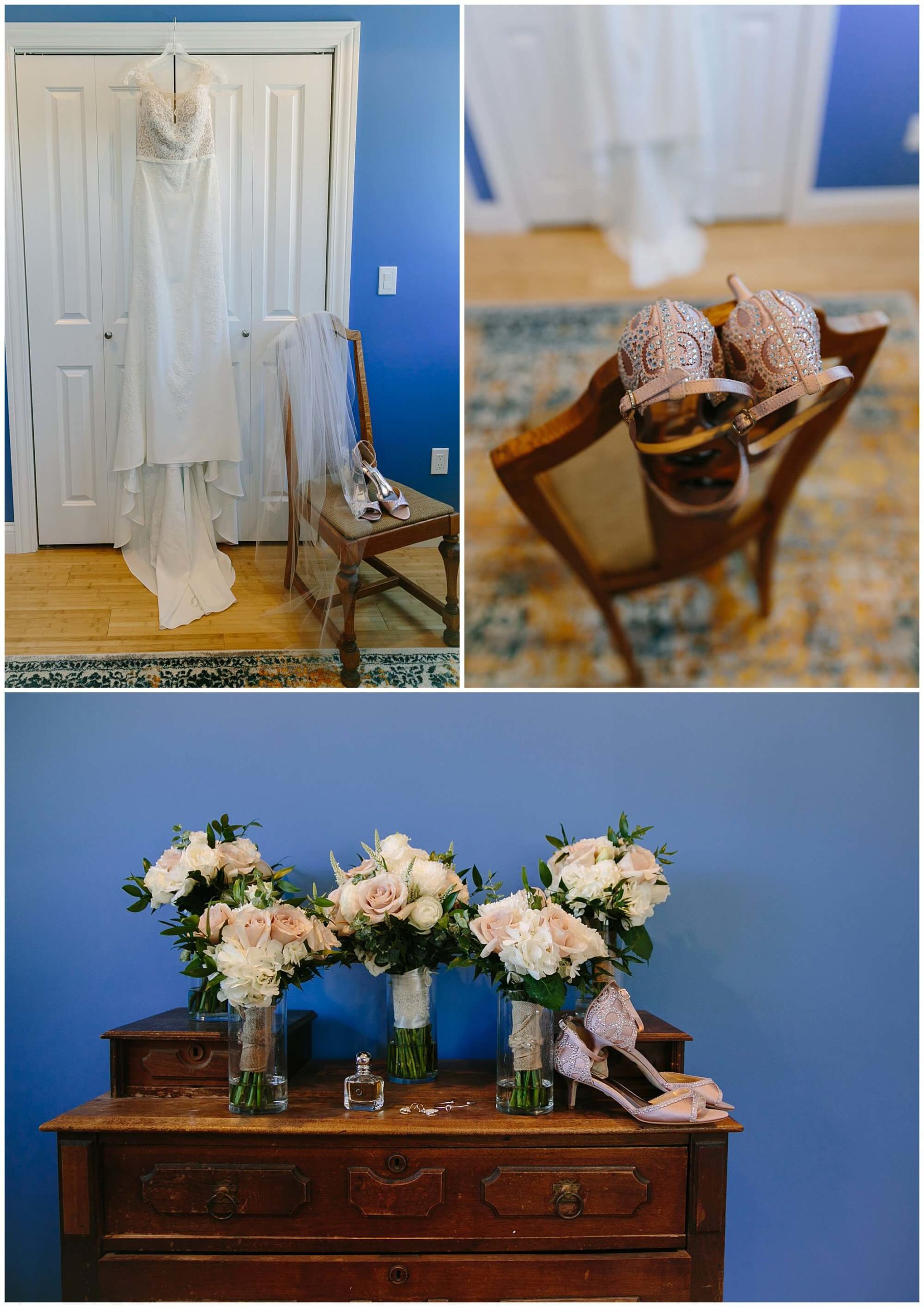 pink and blue wedding details at dubuque air bnb