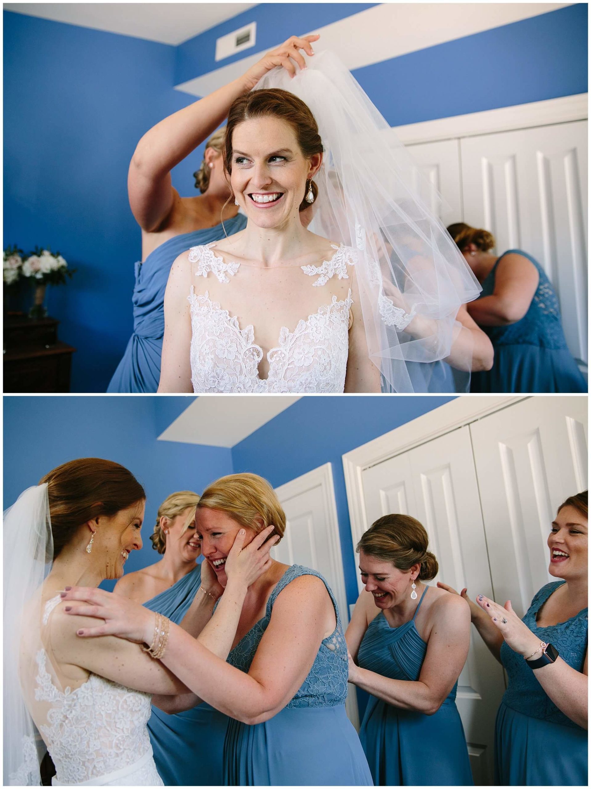 bridesmaid getting bride ready at airbnb in dubuque