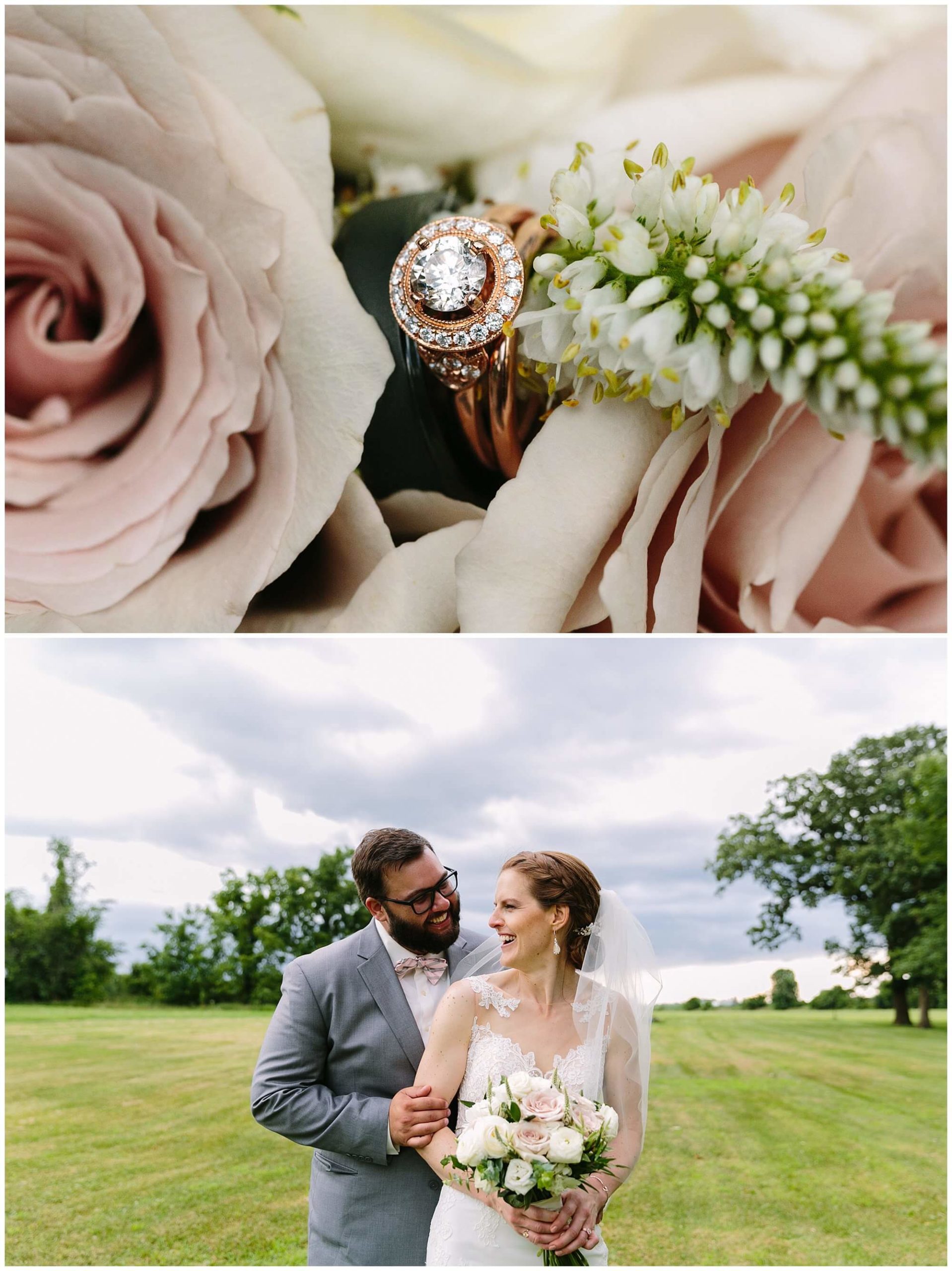 blush and ivory wedding bouquet and rose gold wedding ring