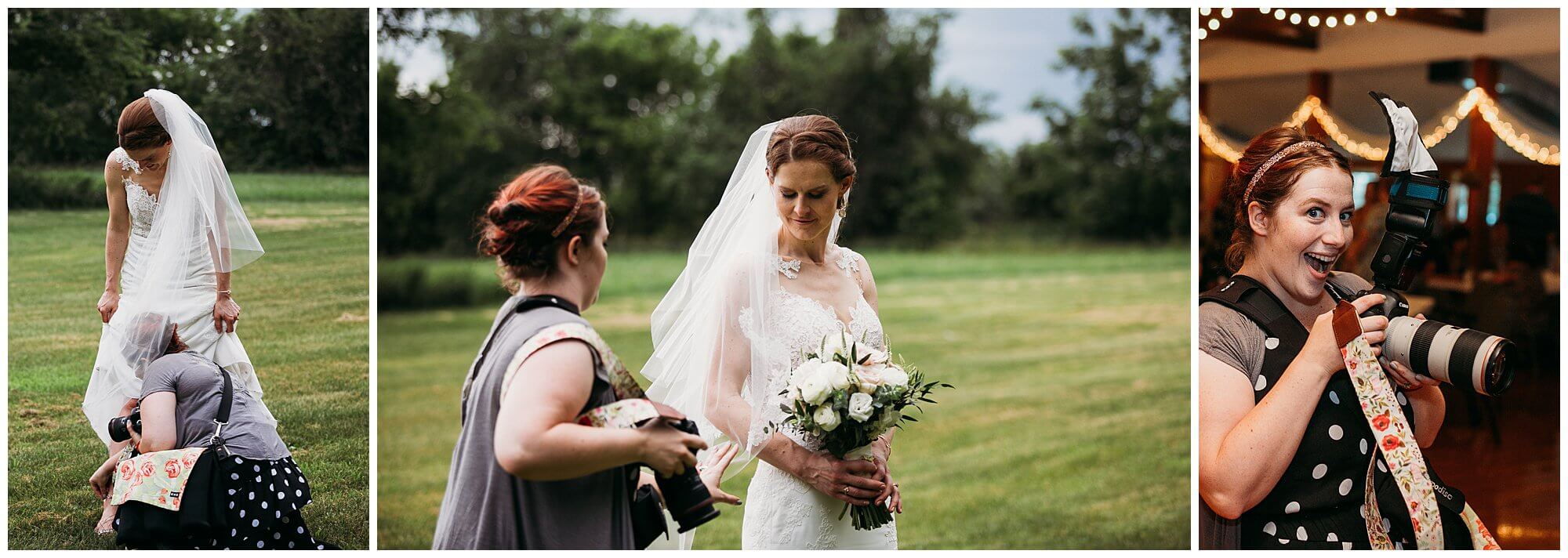 photographer adjusting bride's dress during iowa wedding