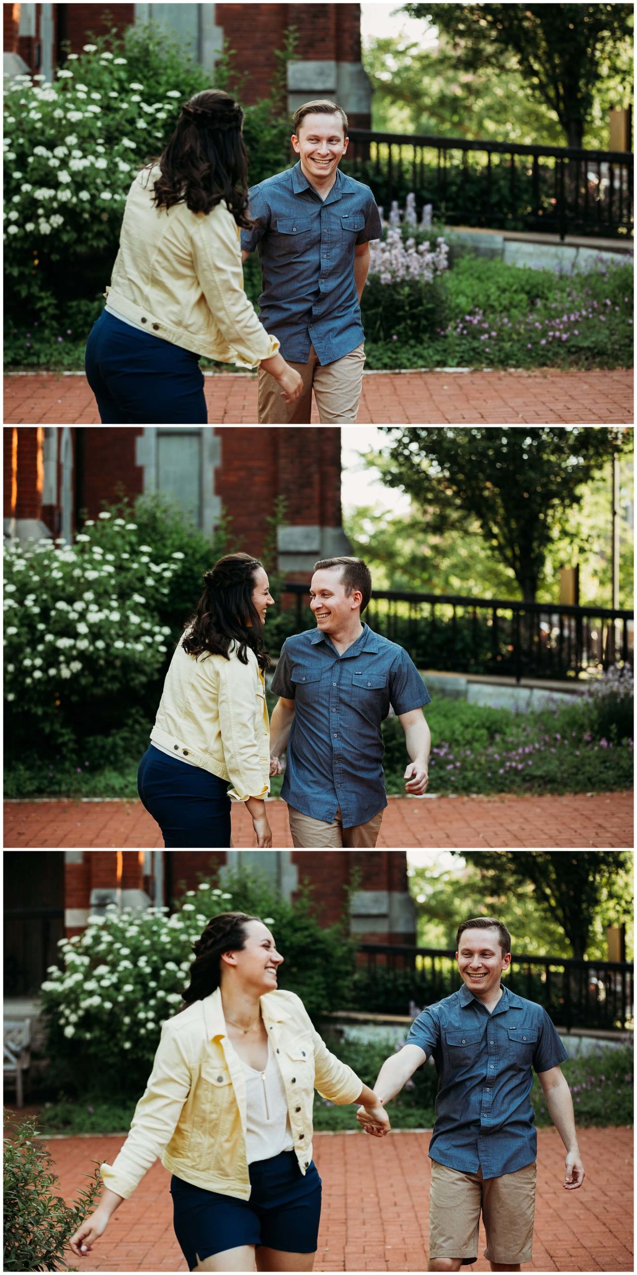 engaged couple walking together at the university of dubuque