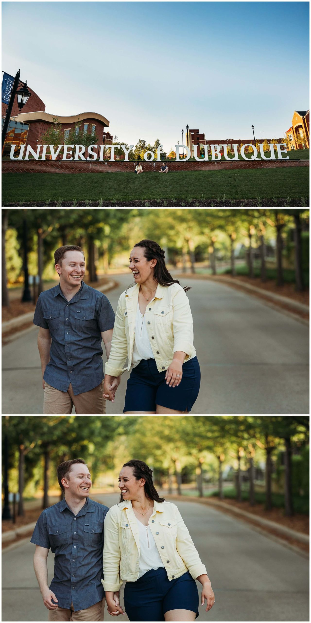 couple walking hand-in-hand during engagement photos at the university of dubuque
