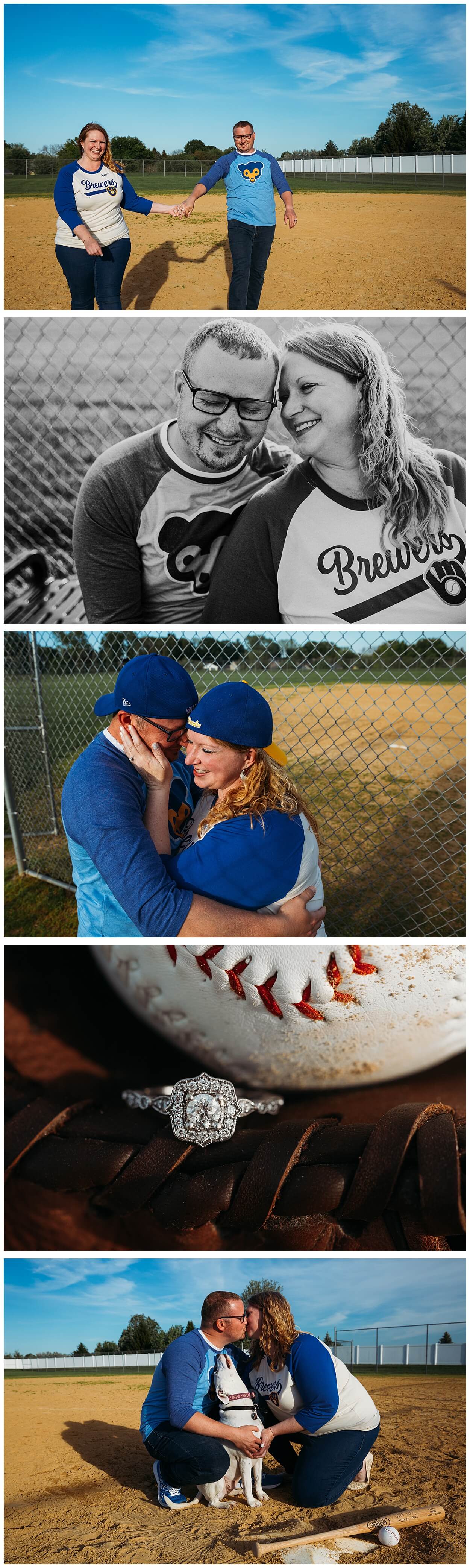dubuque engagement photos at the baseball diamond