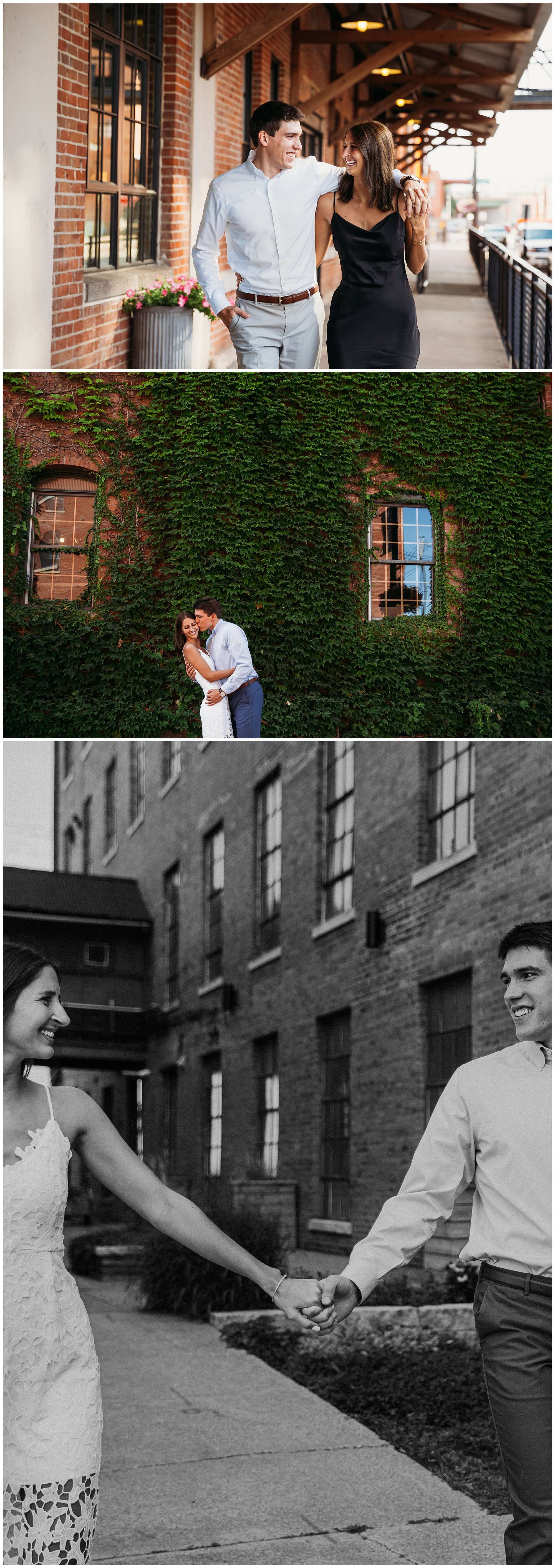 couple walking together during Dubuque Millwork District engagement session