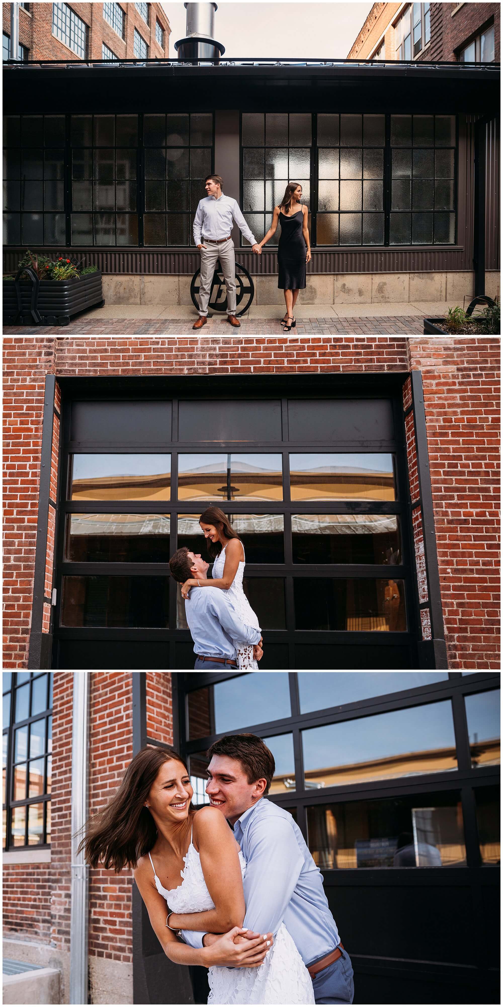 playful engagement photos during Dubuque Millwork District engagement session