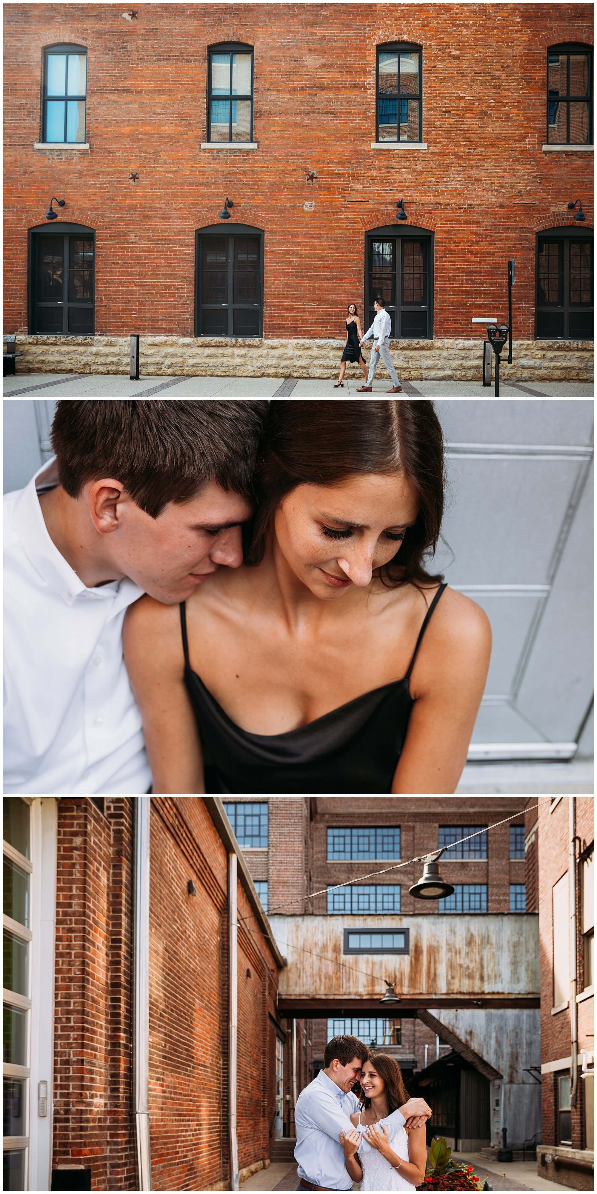 engaged couple walking near brick building in Millwork District Dubuque