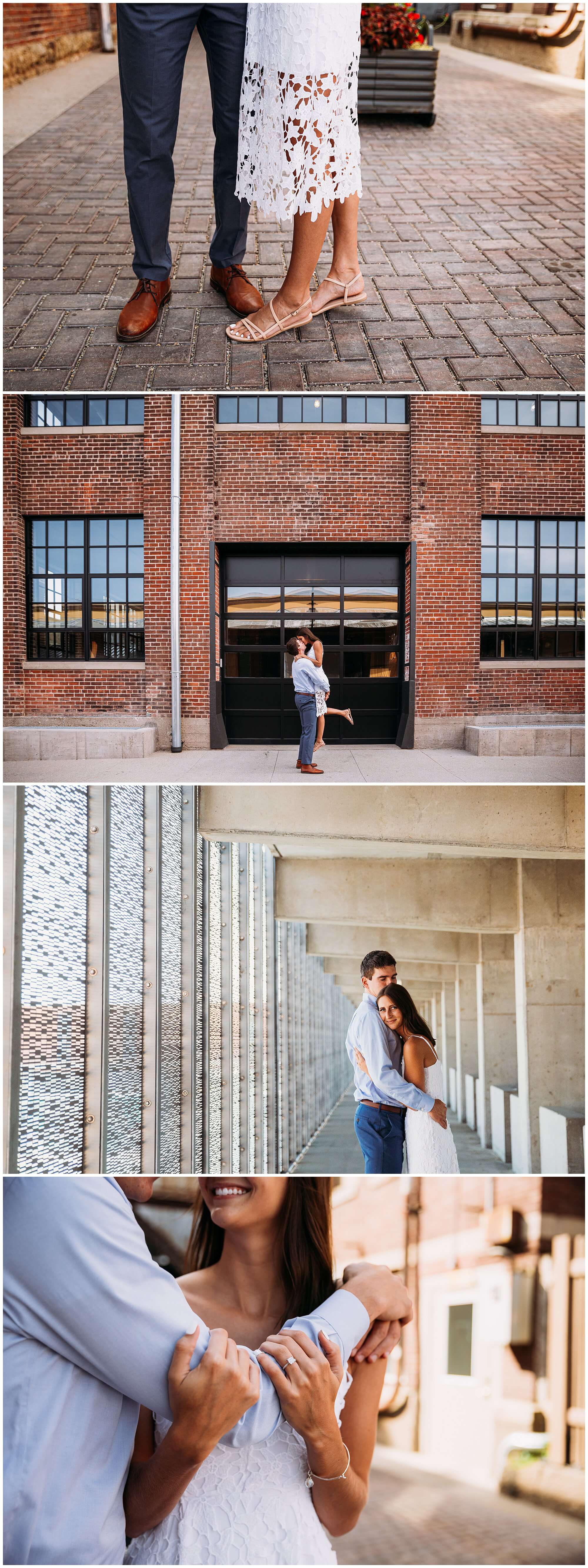 couple exploring Dubuque Millwork District during engagement session
