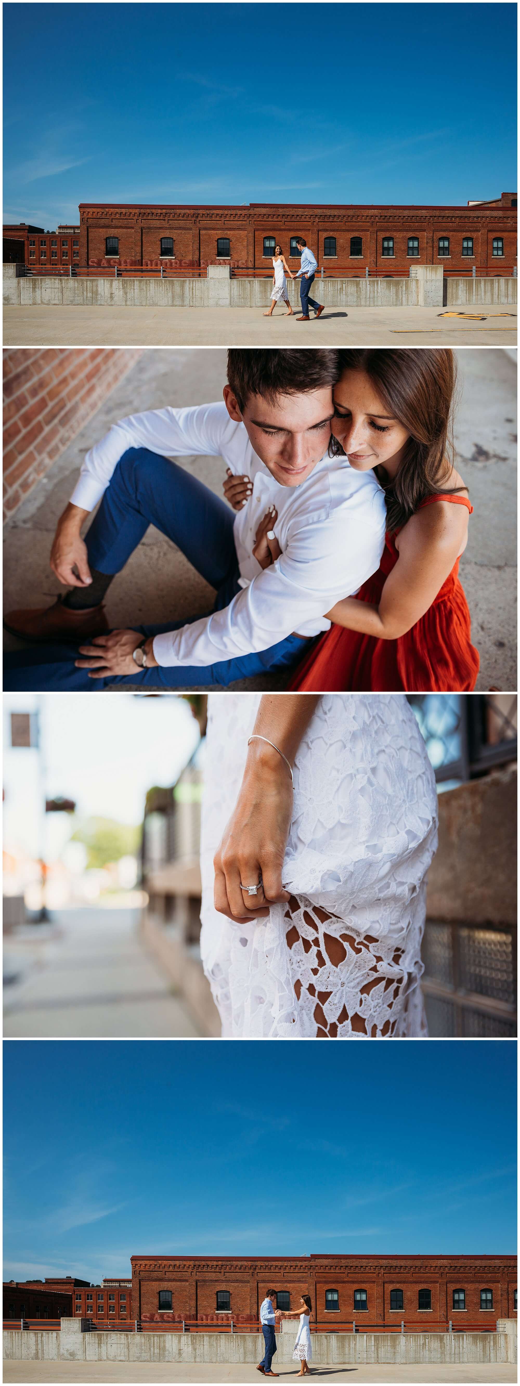 Dubuque Millwork District engagement photos wearing white lacey dress