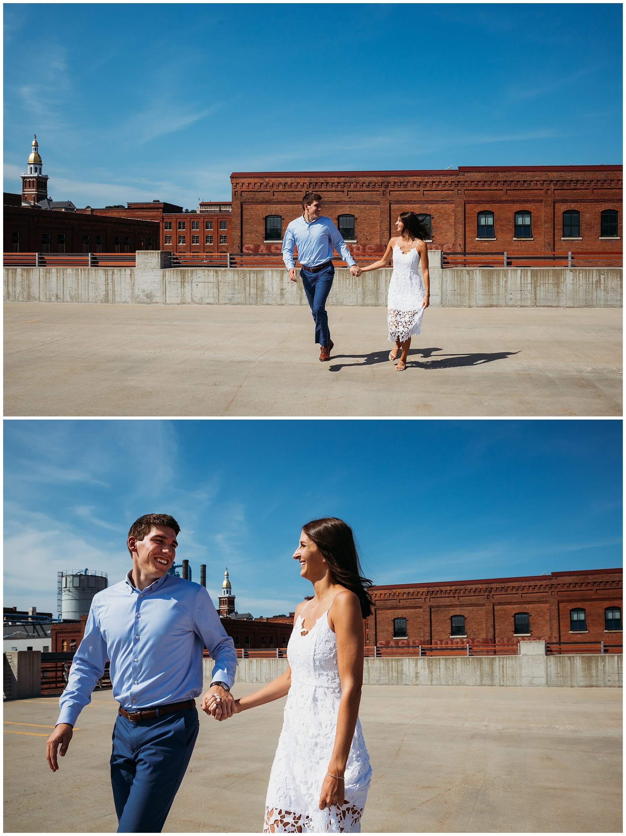 playful engagement photos on top of downtown parking ramp, Dubuque Millwork District engagement