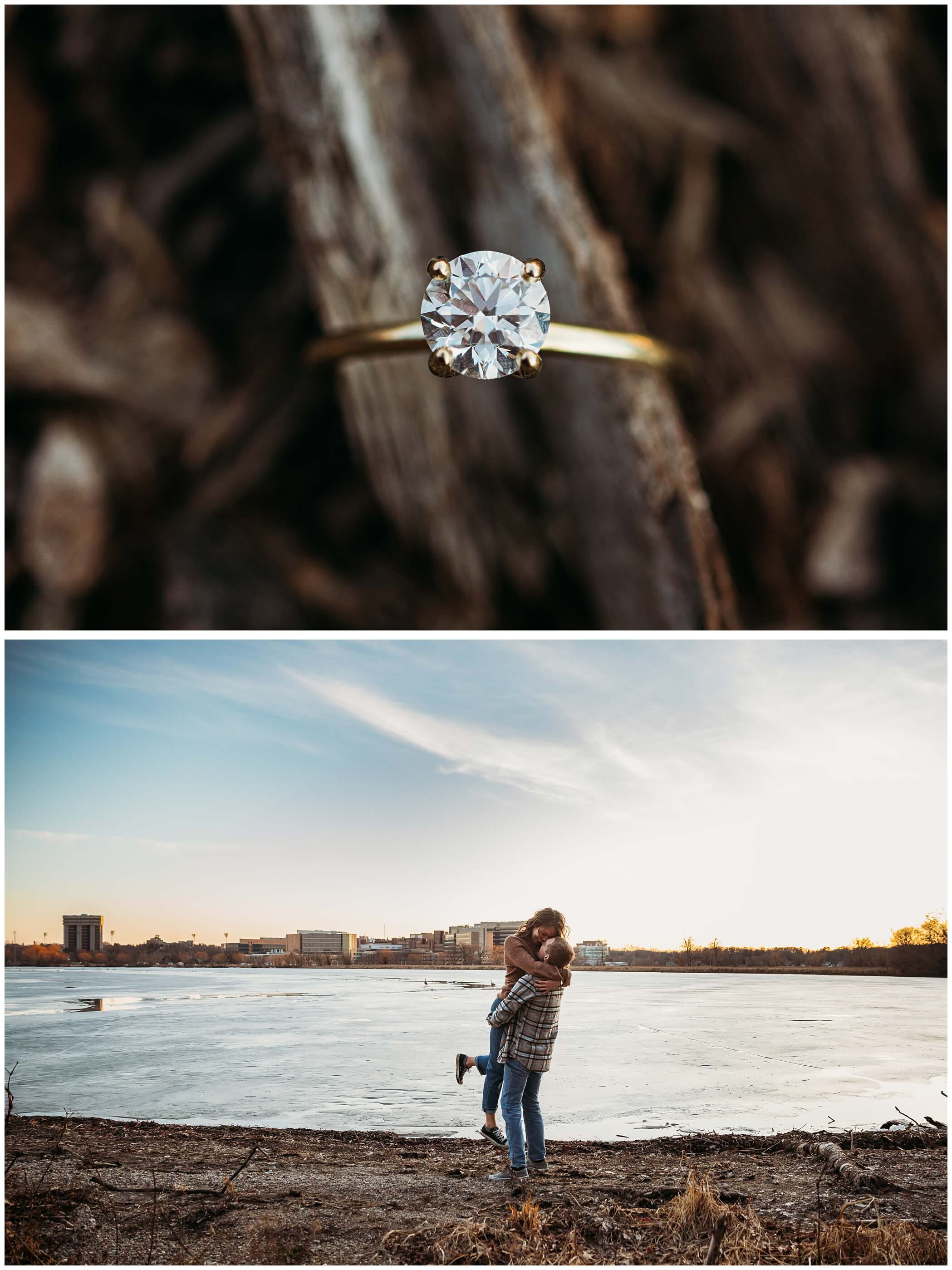 engagement ring and couple embracing lakeside madison