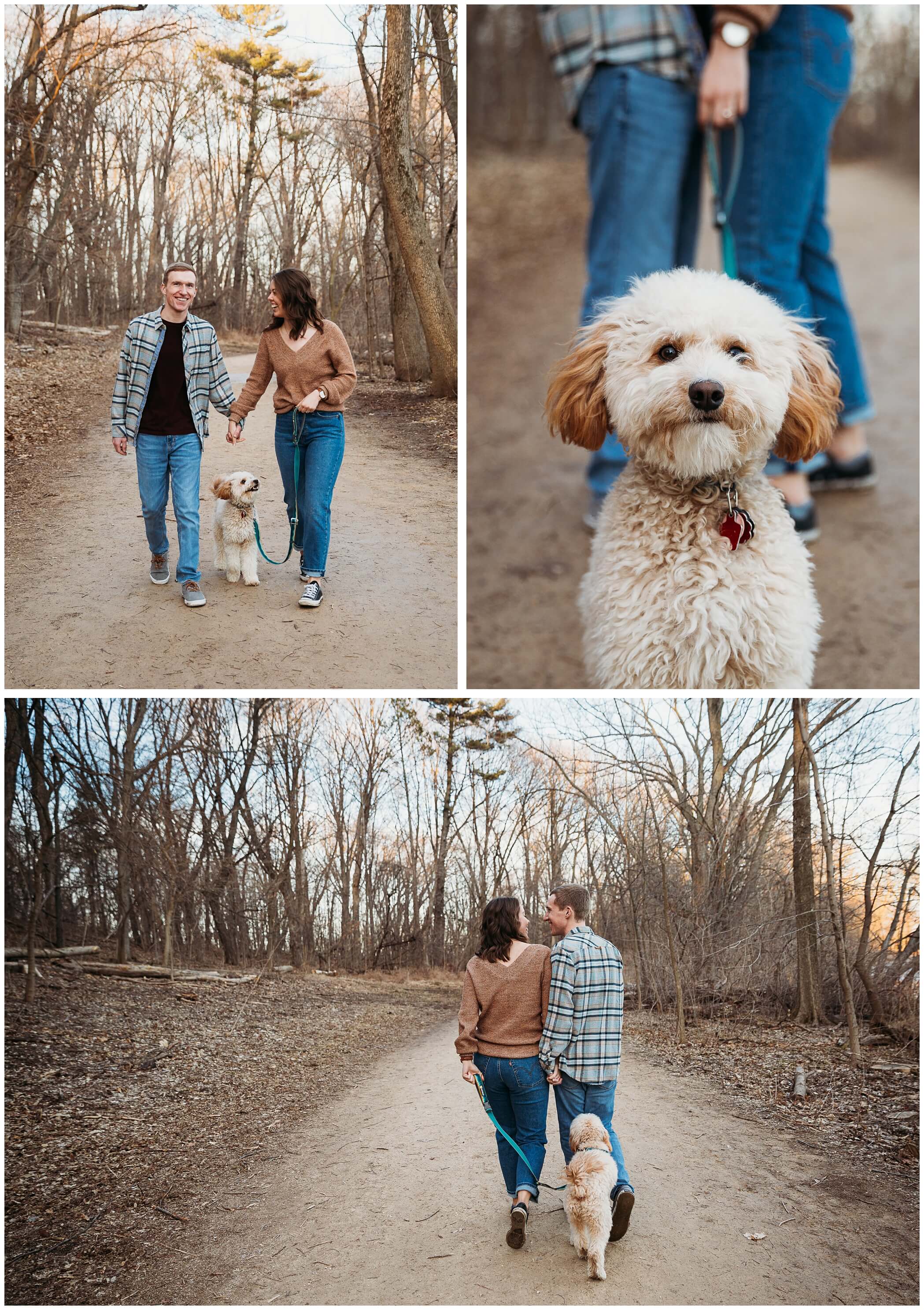 a couple walking their dog at uw-madison lakeshore nature preserve