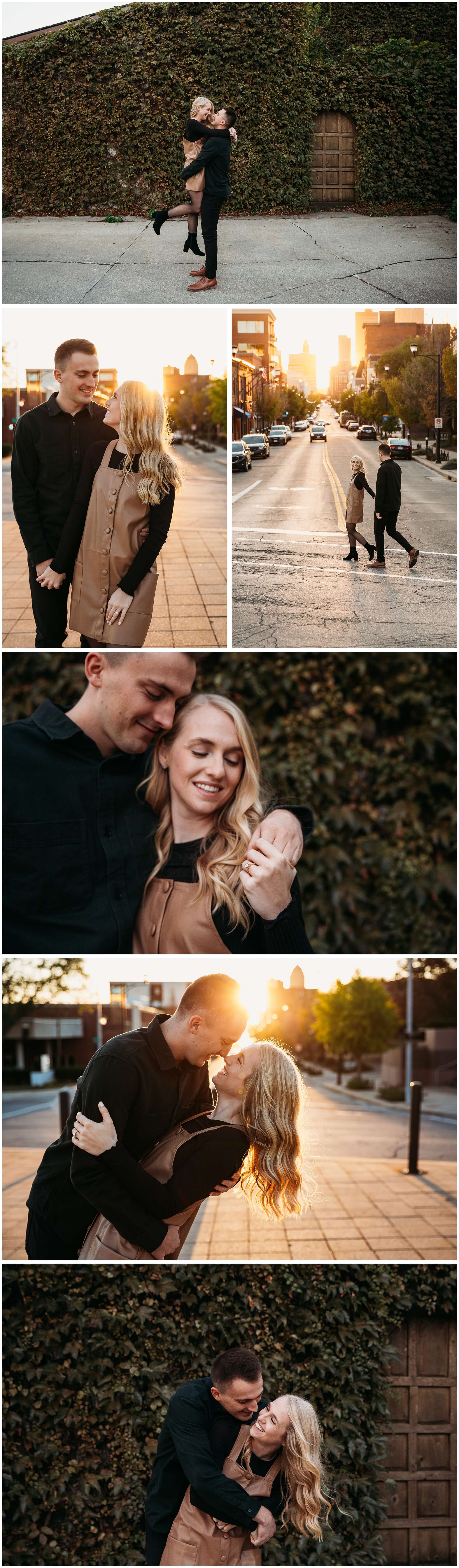 engaged couple walking through downtown des moines