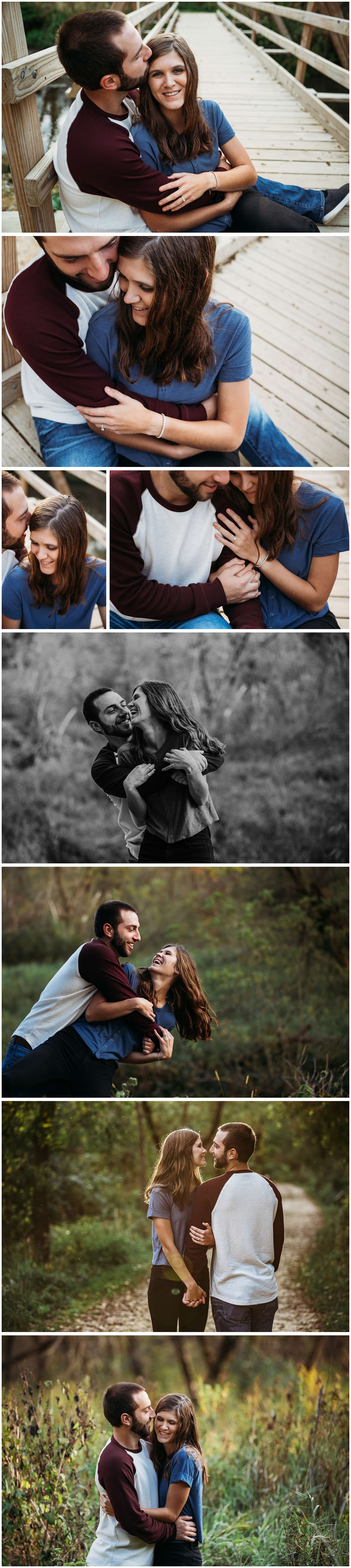 couple snuggles on bridge at swiss valley nature preserve during their dubuque fall engagement photos