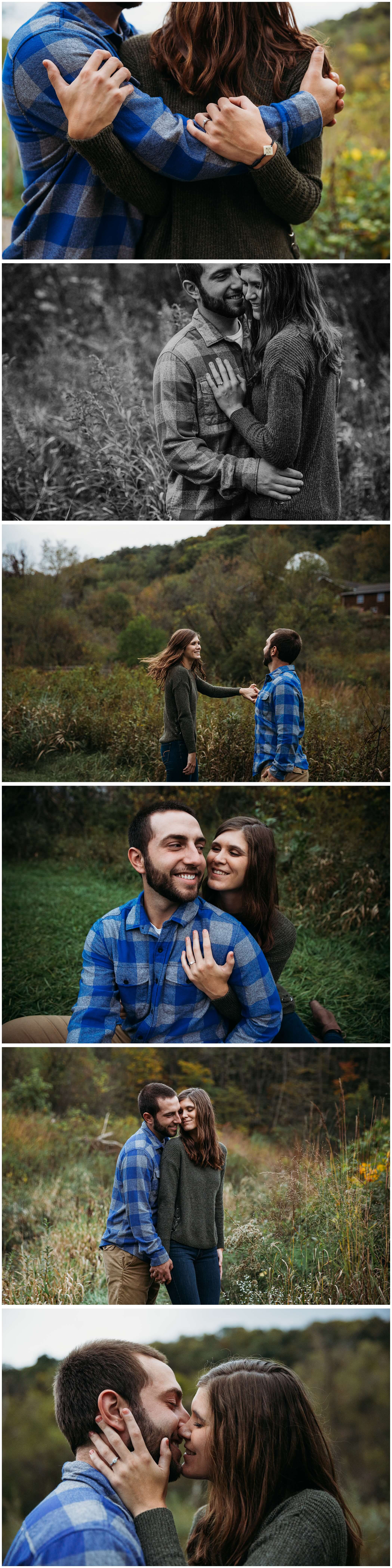 couple snuggles in dubuque during their fall engagement photos