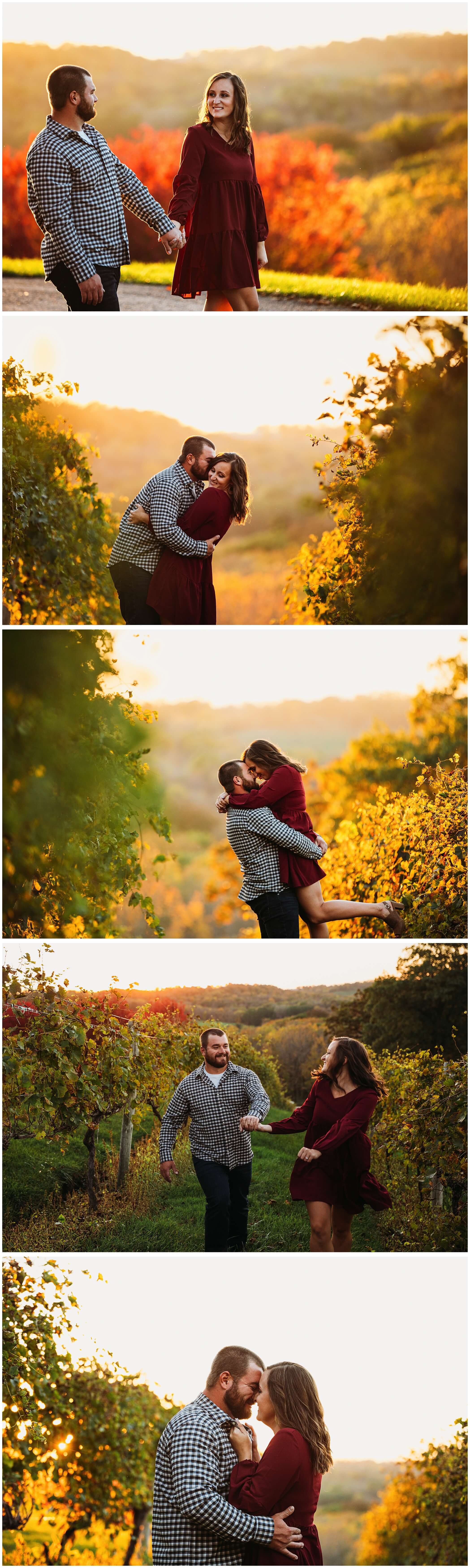 golden sunset during park farm winery engagement photos