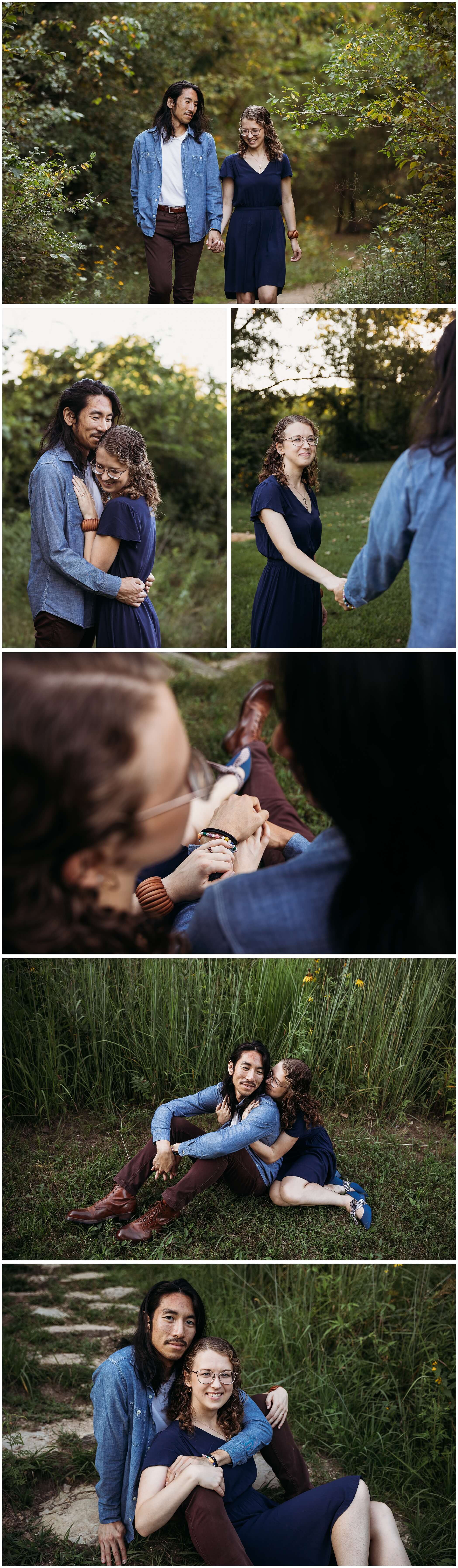 couple cuddling during engagement photos at mines of spain