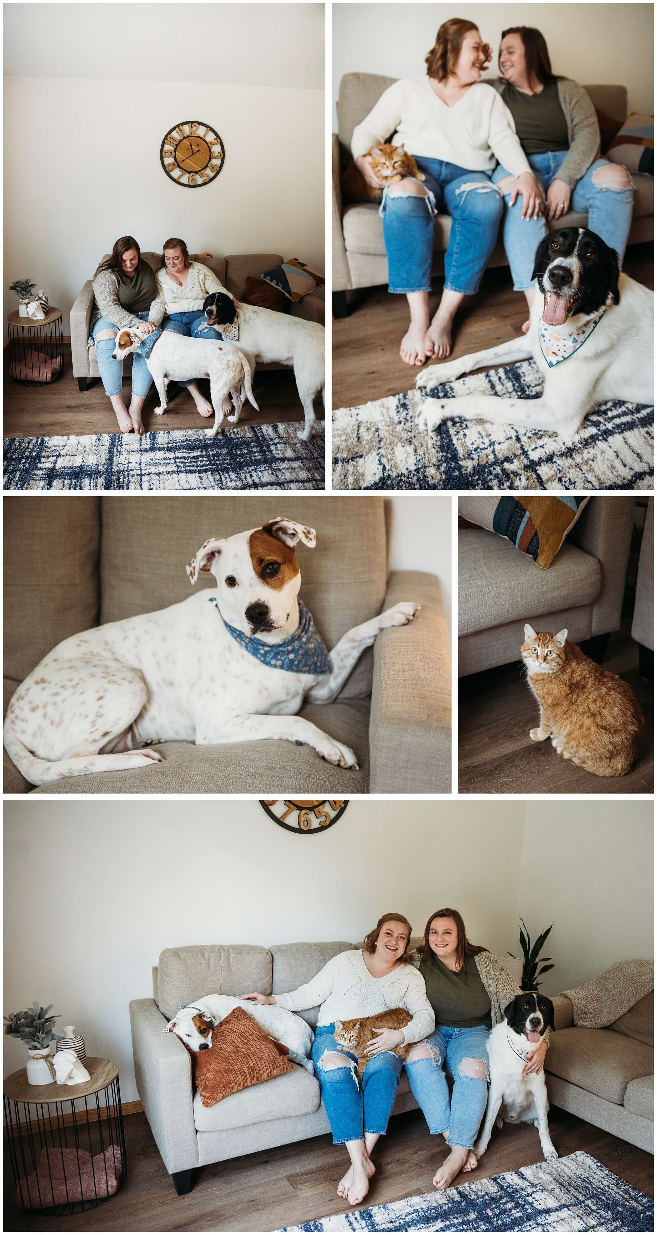 couple in living room with pets engagement photos