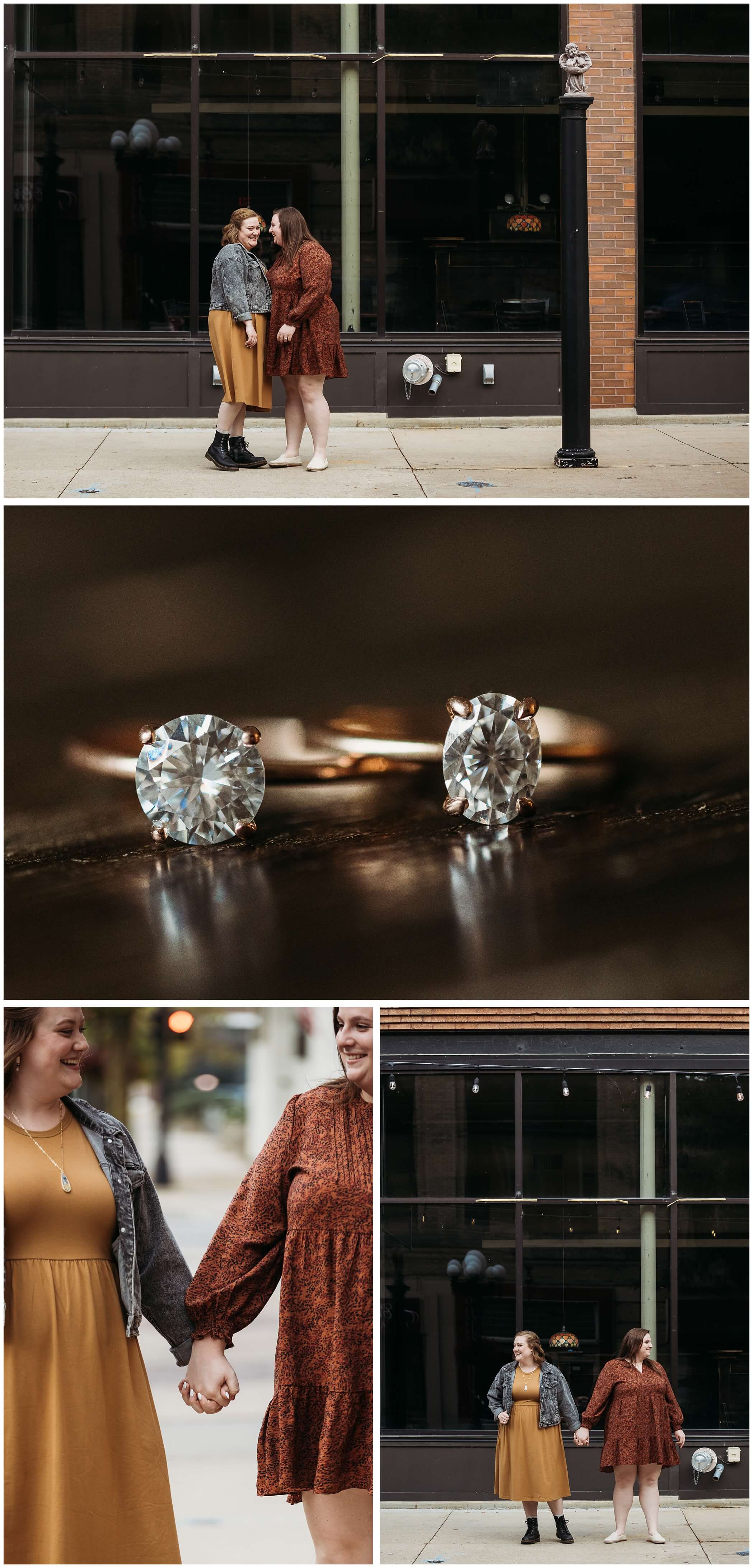 matching engagement rings, couple in downtown waterloo 