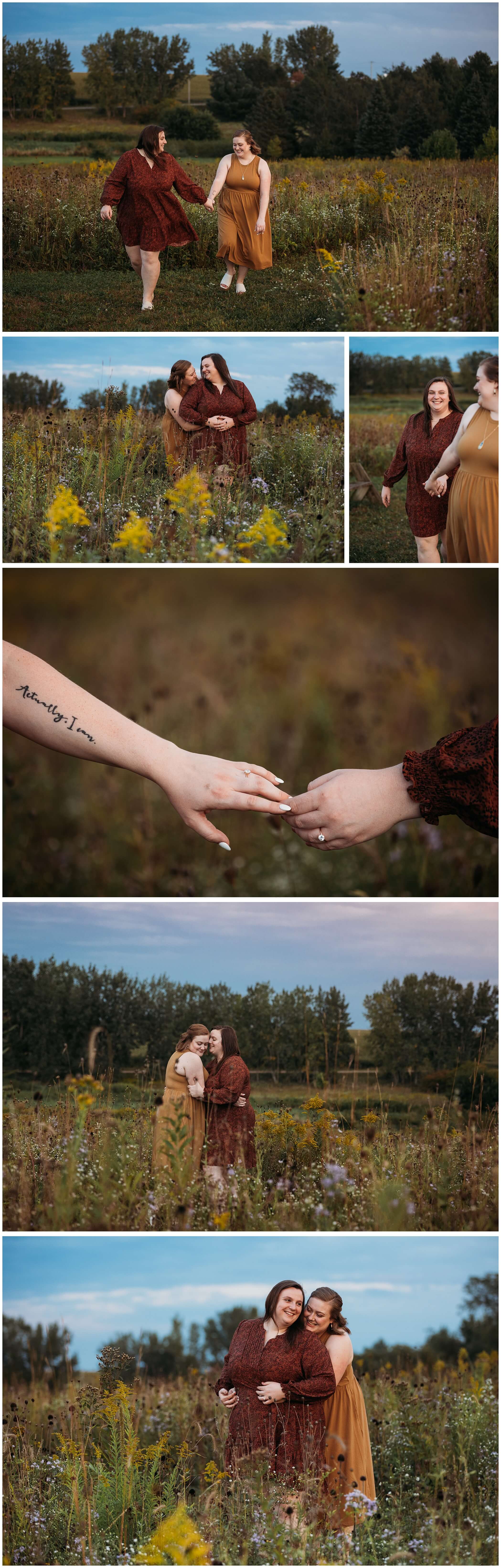 engagement photos in wildflower field at cedar valley arboretum