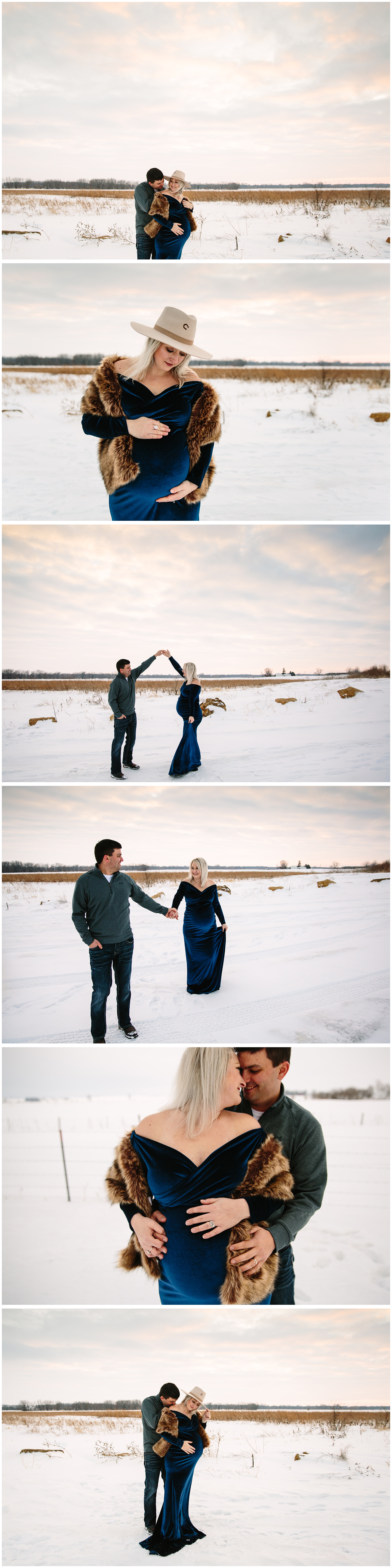 couple dancing during winter sunset maternity session