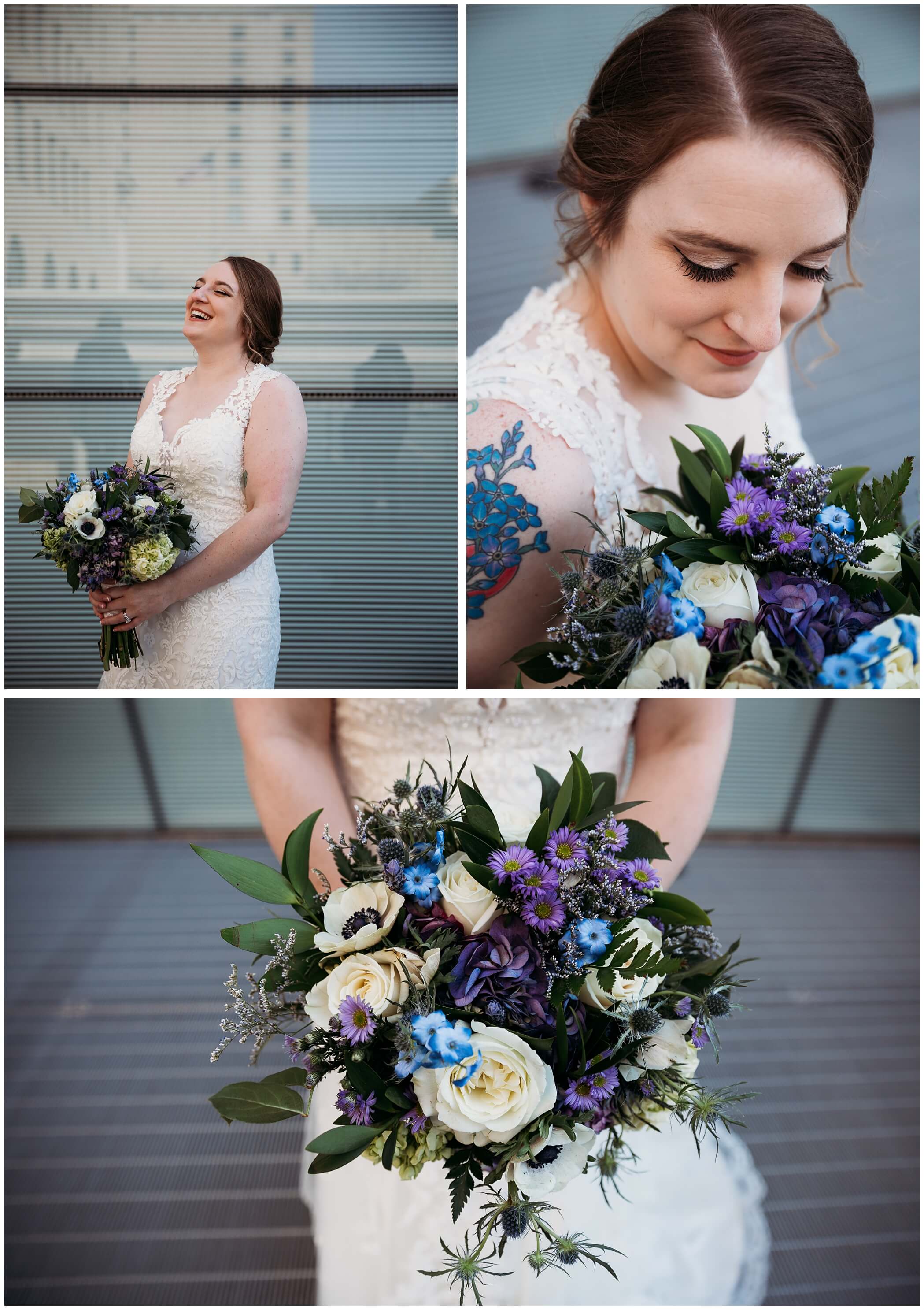 Bride with a beautiful blue, purple, and ivory bouquet by I Do Events in Davenport Iowa