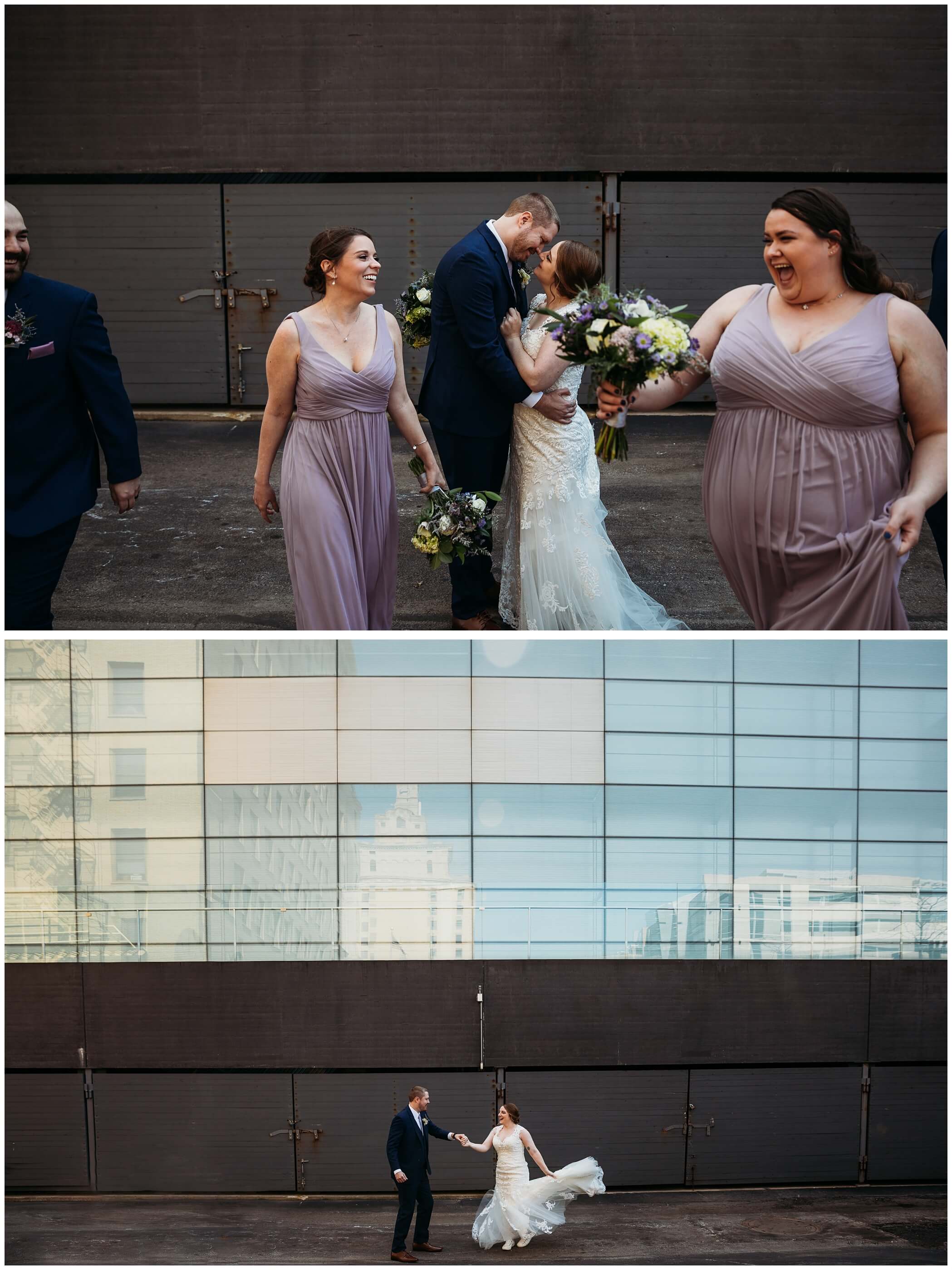 Wedding day photos outside of the Figge Art Museum in downtown Davenport, Iowa