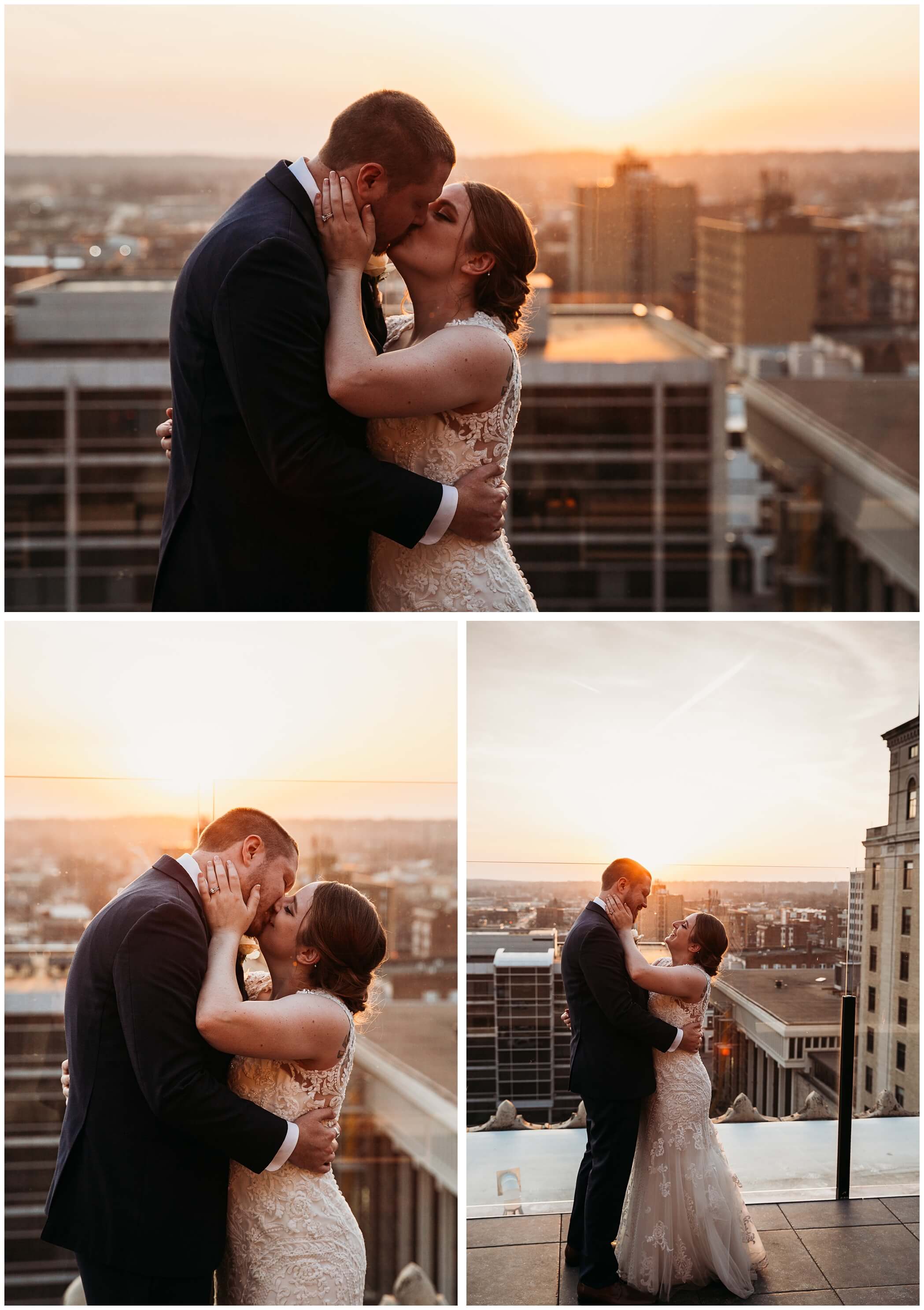 A bride & groom share a kiss at the UP Sky Bar at sunset.