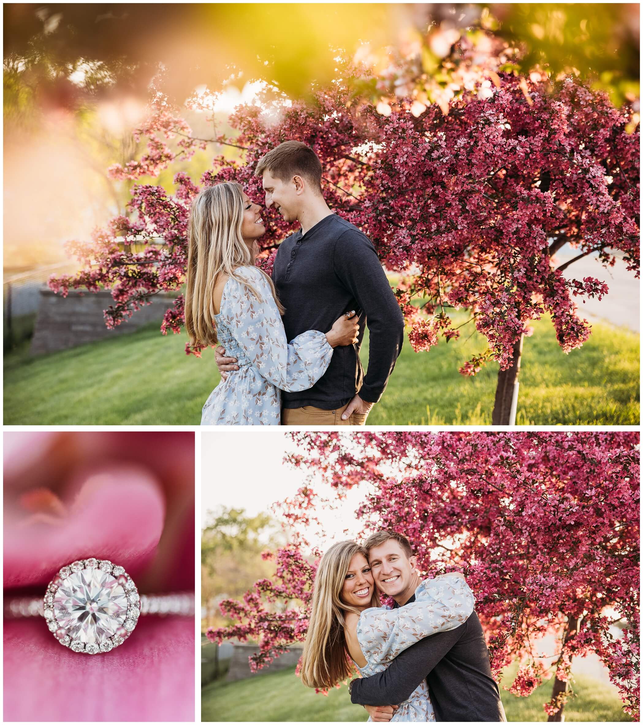 engagement photos during spring with cherry blossom trees
