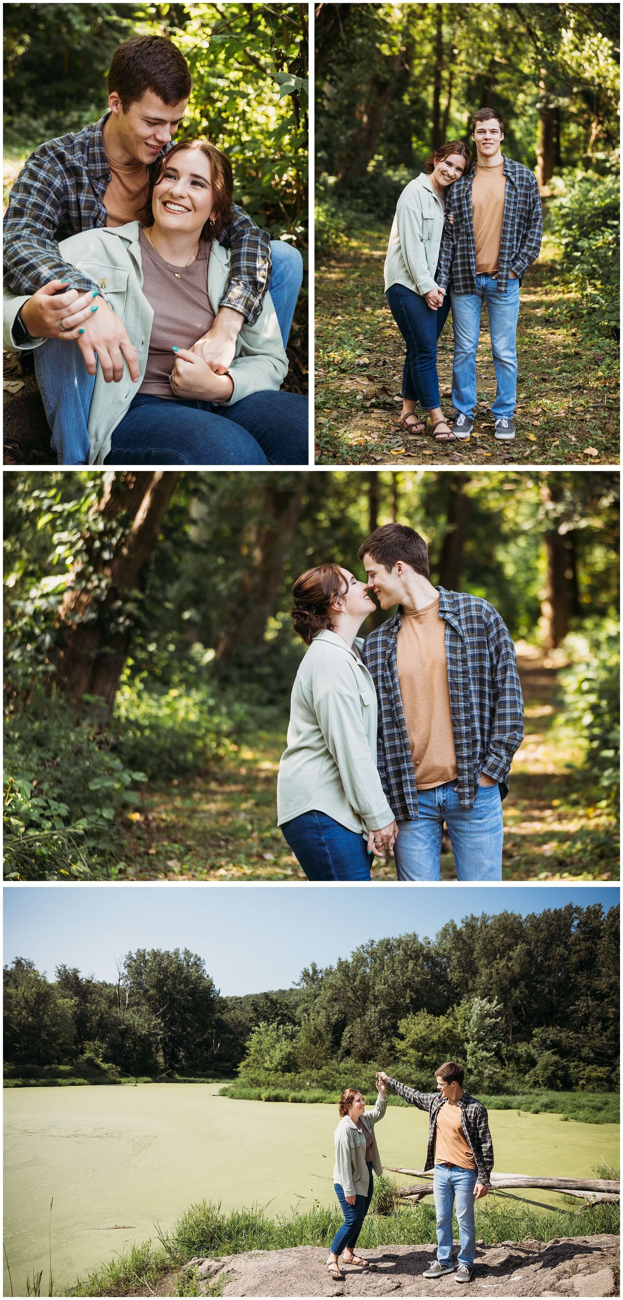 couple cuddling during their engagement session at the mines of spain in dubuque