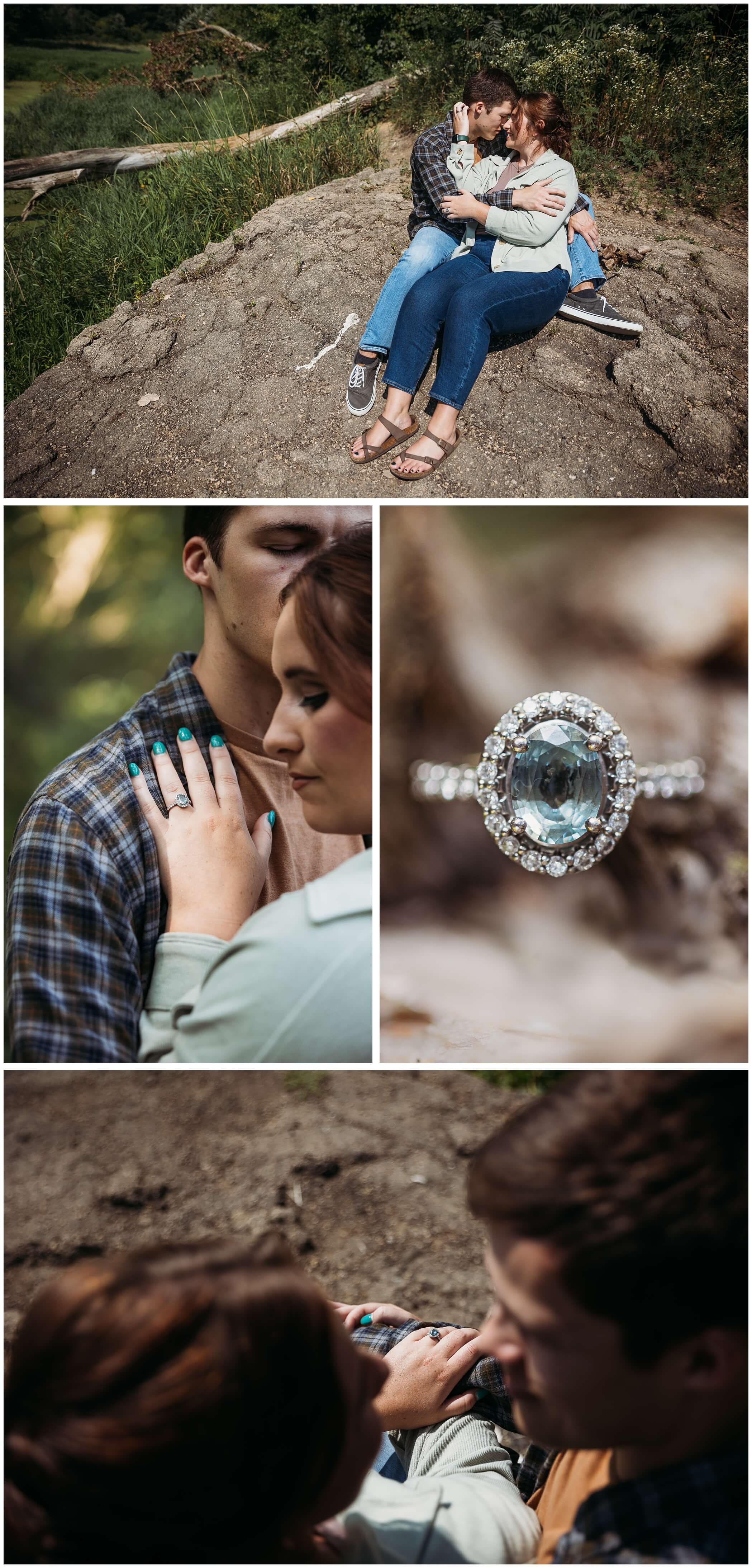 light blue sapphire engagement ring, couple sitting together in the mines of spain