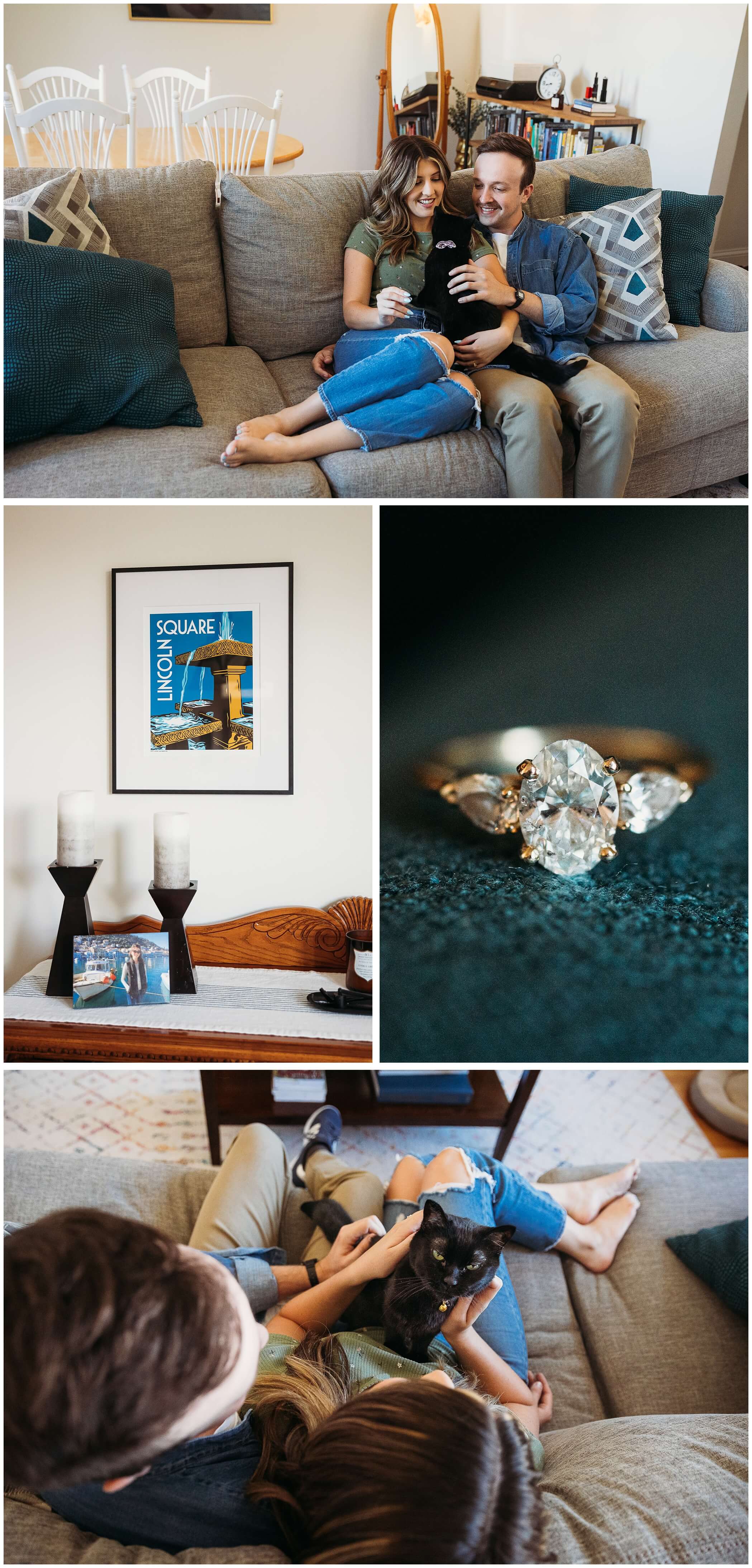 engagement photos in chicago apartment with cat, engagement ring from Stanley Brown Jewelist