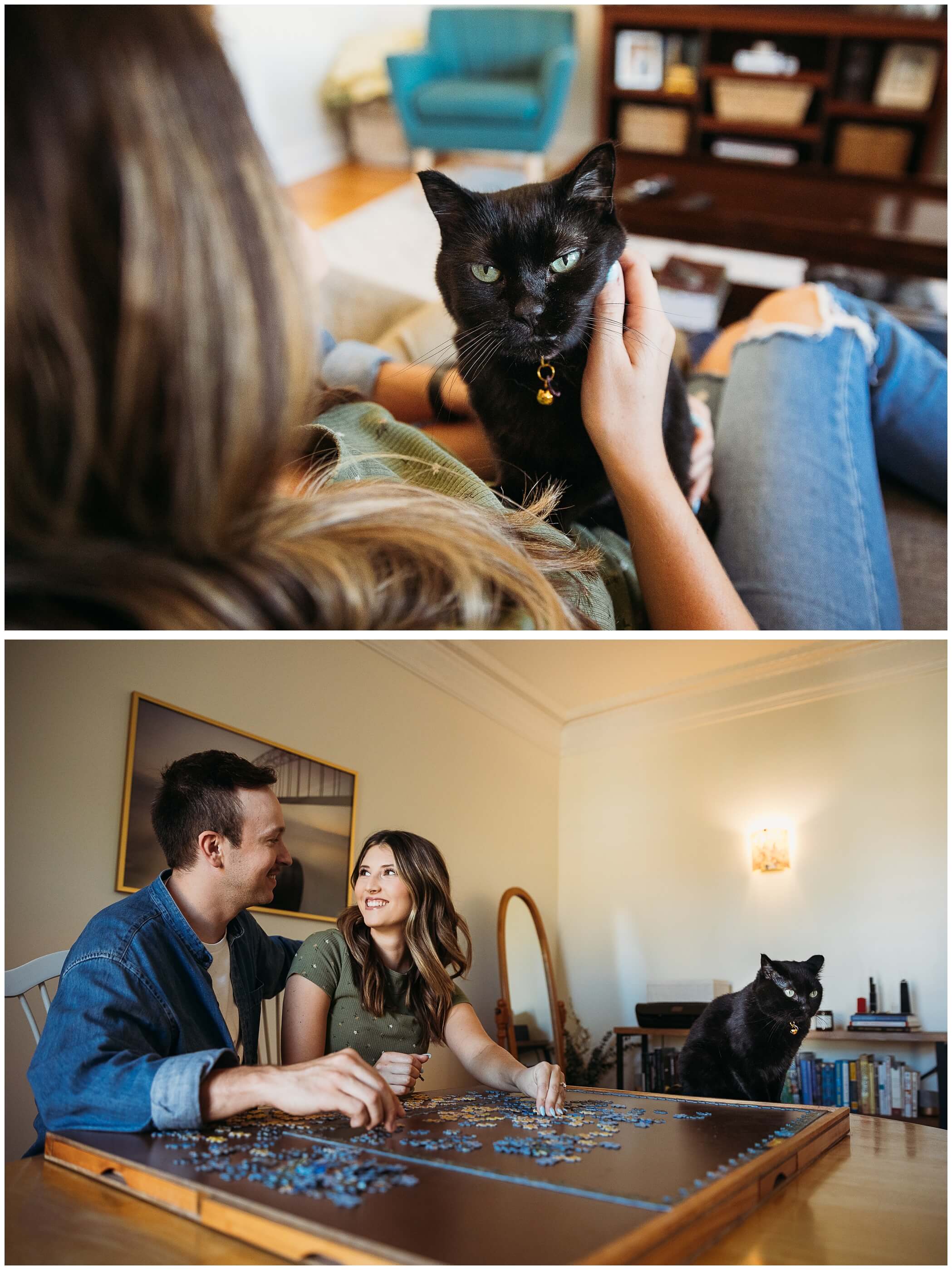 engagement photos in chicago apartment with cat