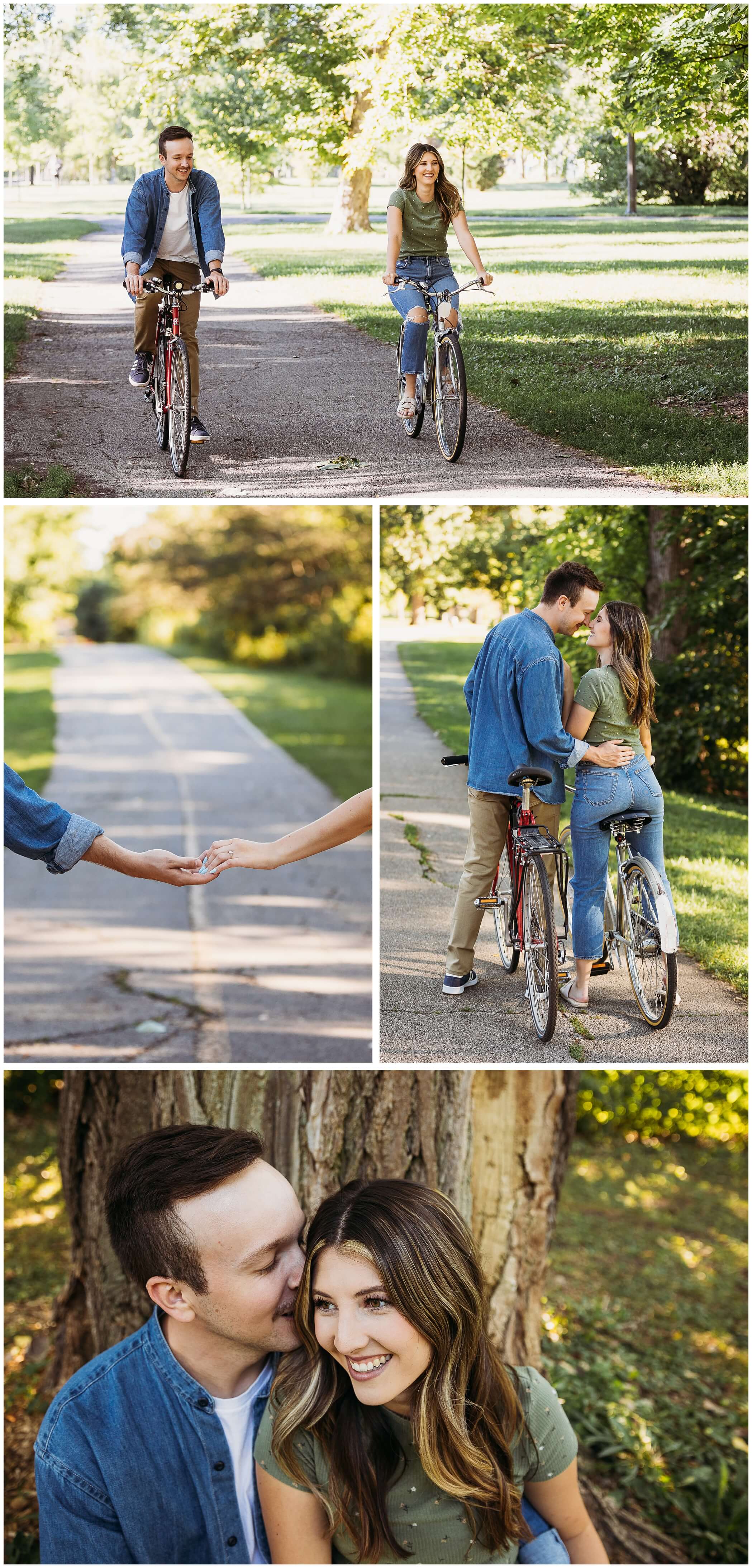 couple bicycling in peterson park chicago during engagement photos
