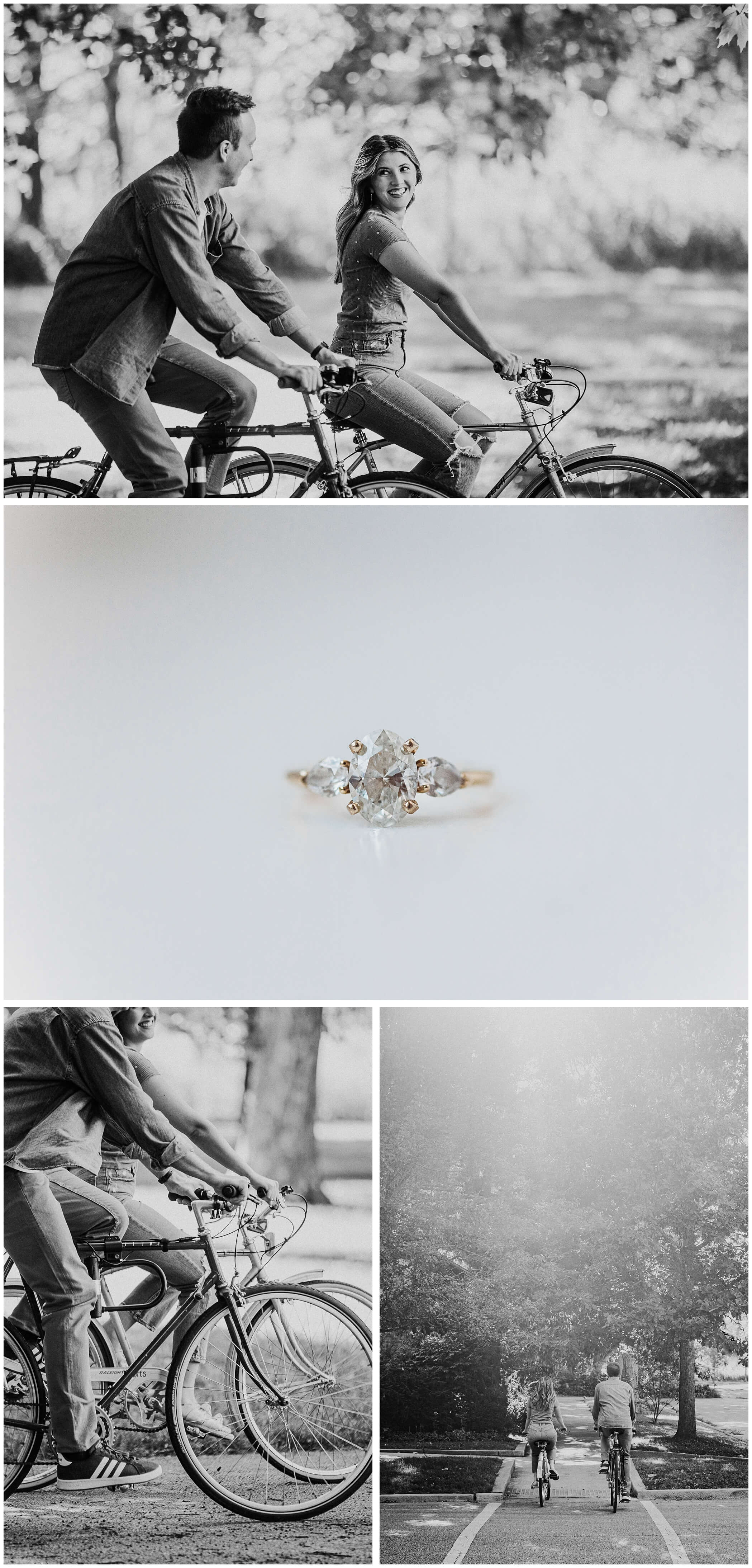 couple bicycling in peterson park chicago during engagement photos, engagement ring from Stanley Brown Jewelist