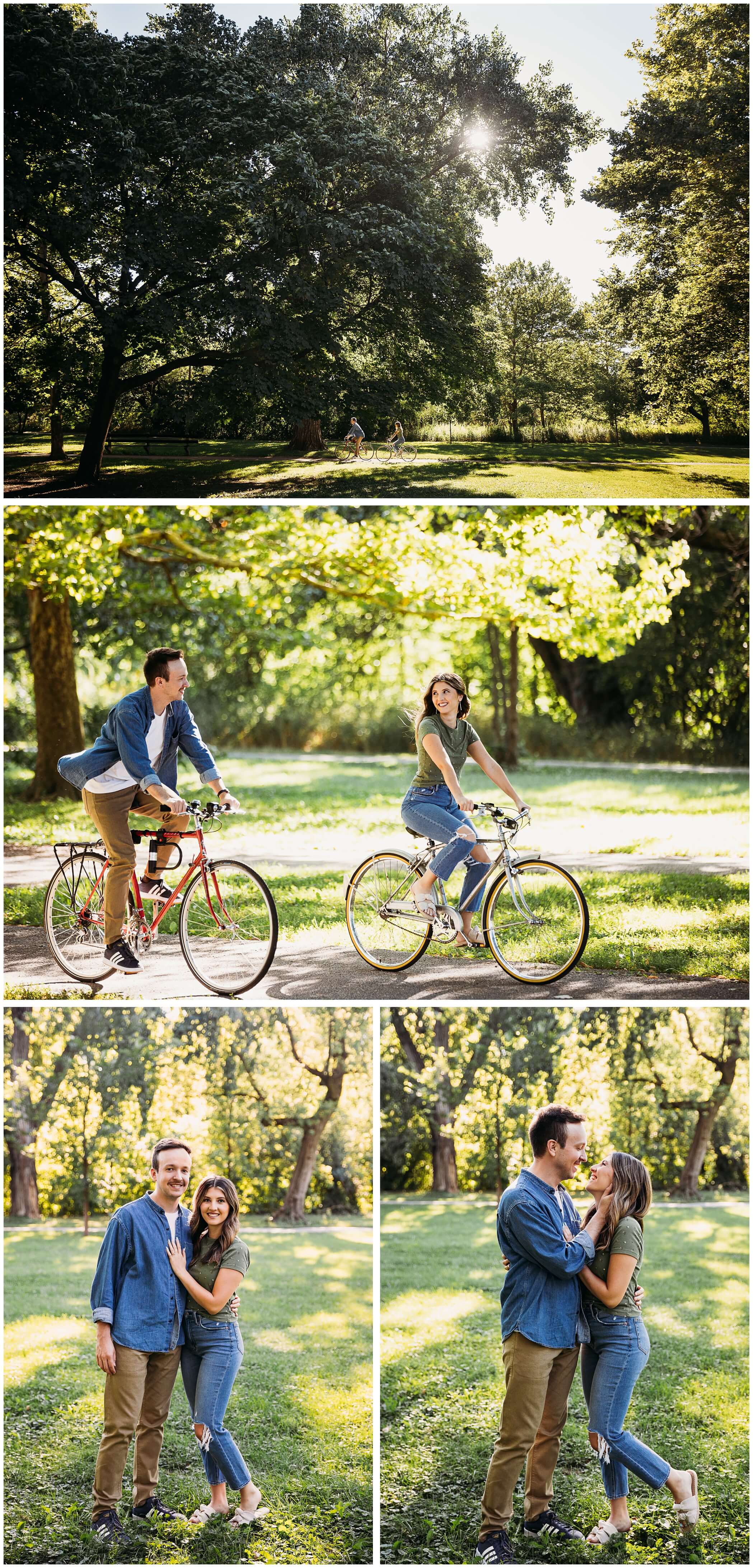 couple bicycling in peterson park chicago during engagement photos