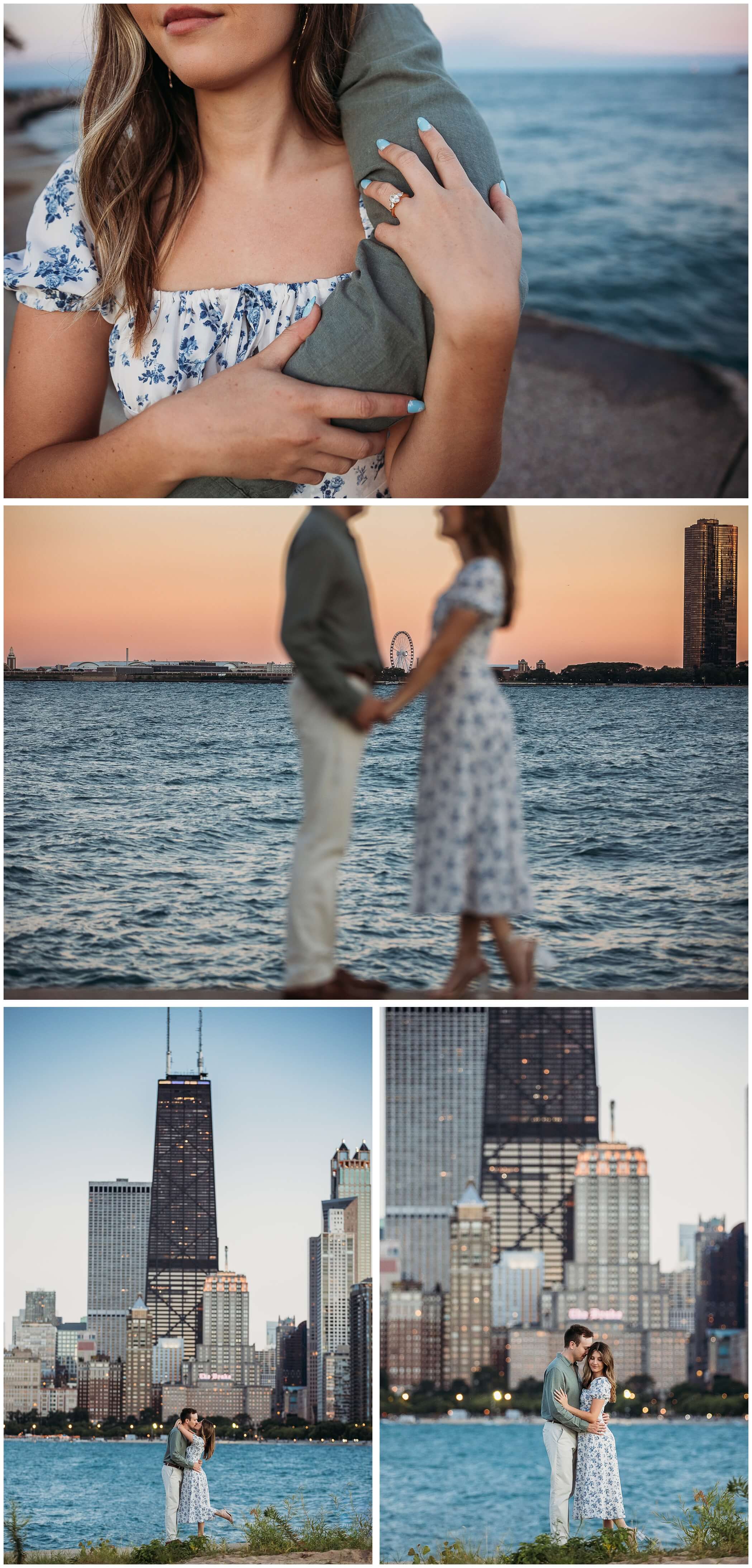 north avenue beach sunset engagement photos, chicago skyline
