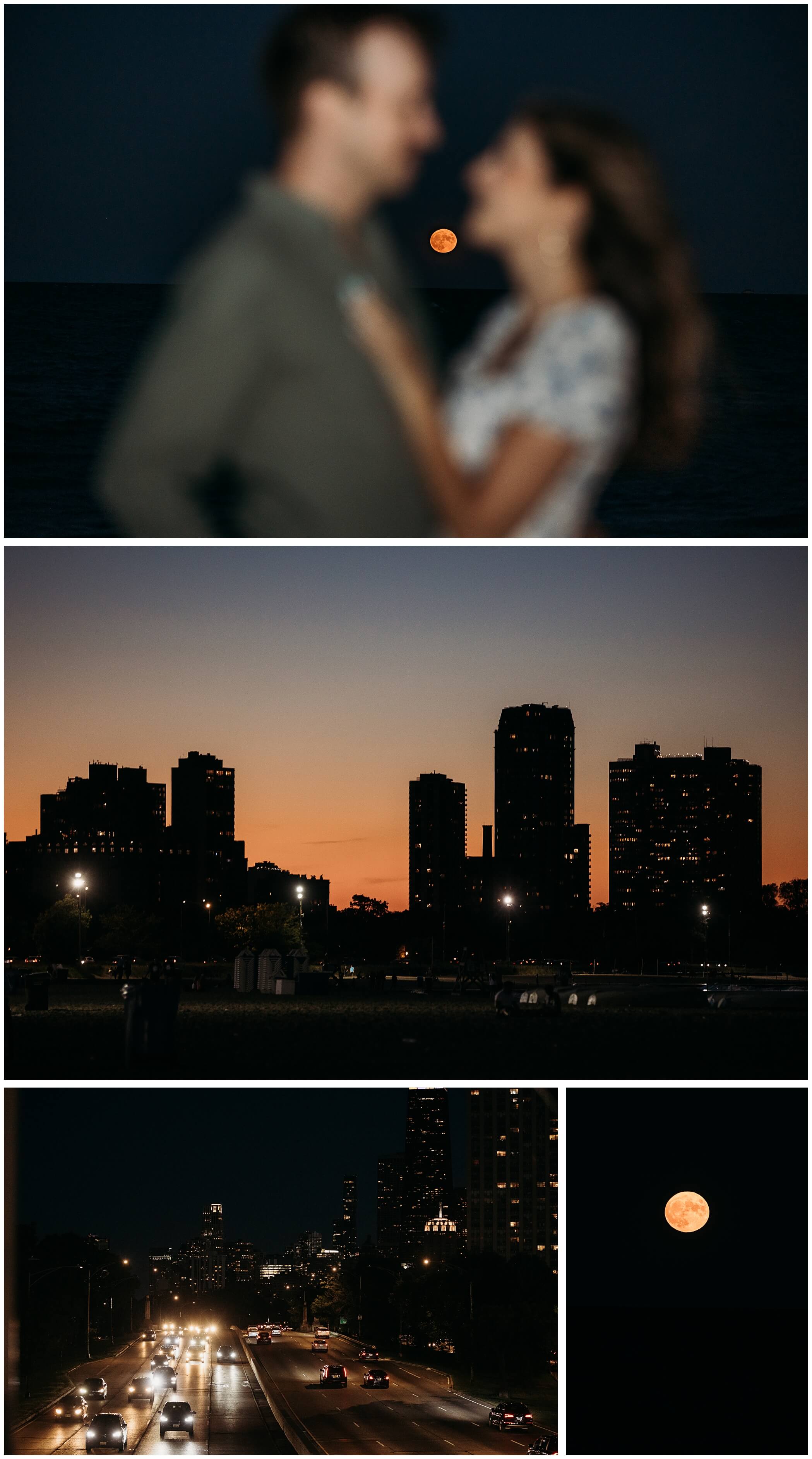 north avenue beach nighttime engagement photos, blood orange moon, chicago skyline at night