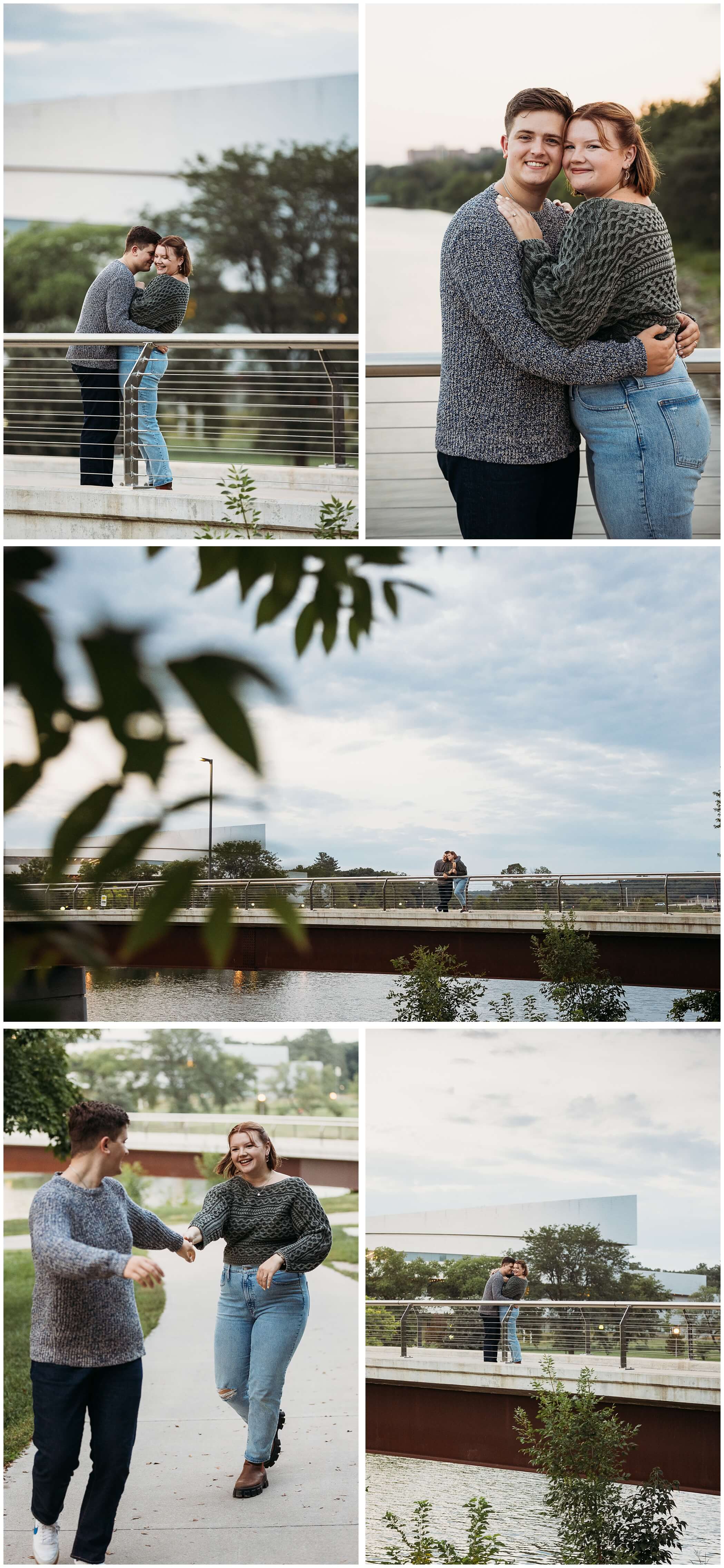 playful engagement session on the university of iowa campus