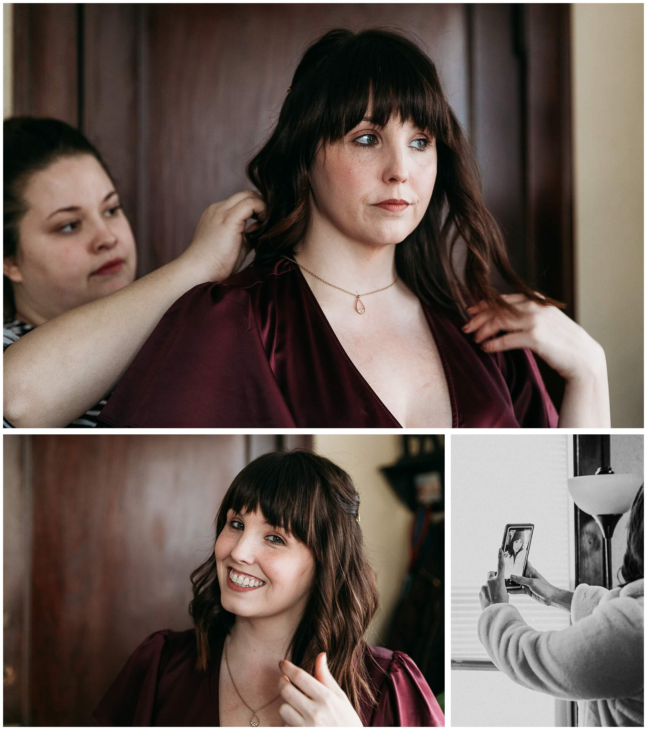 burgundy wedding gown, bride gets ready for her leap day elopement