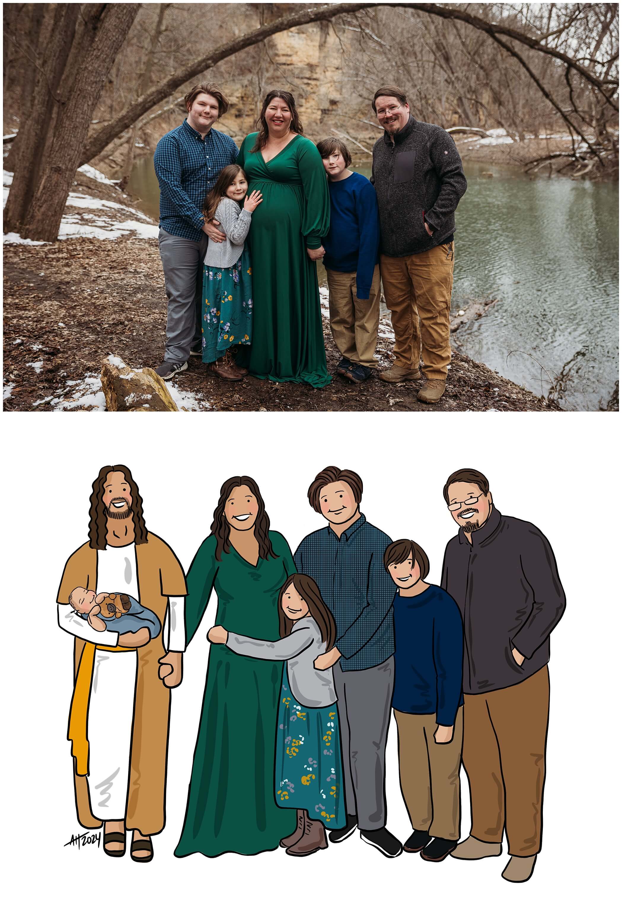 family photo from maternity session alongside an illustration of the family with baby Ezrah in Jesus's arms