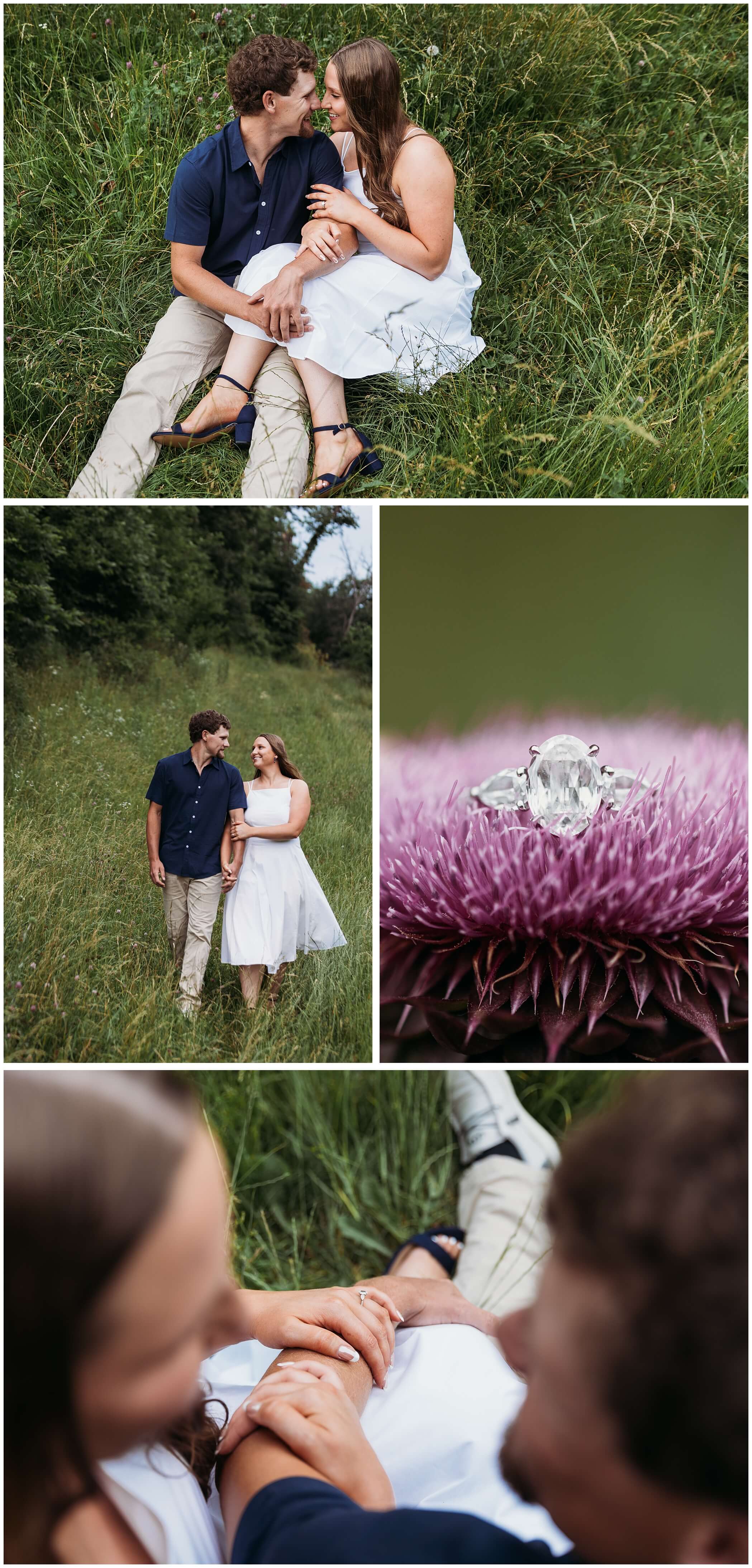 rural engagement photos in bellevue iowa, engagement ring on a flower