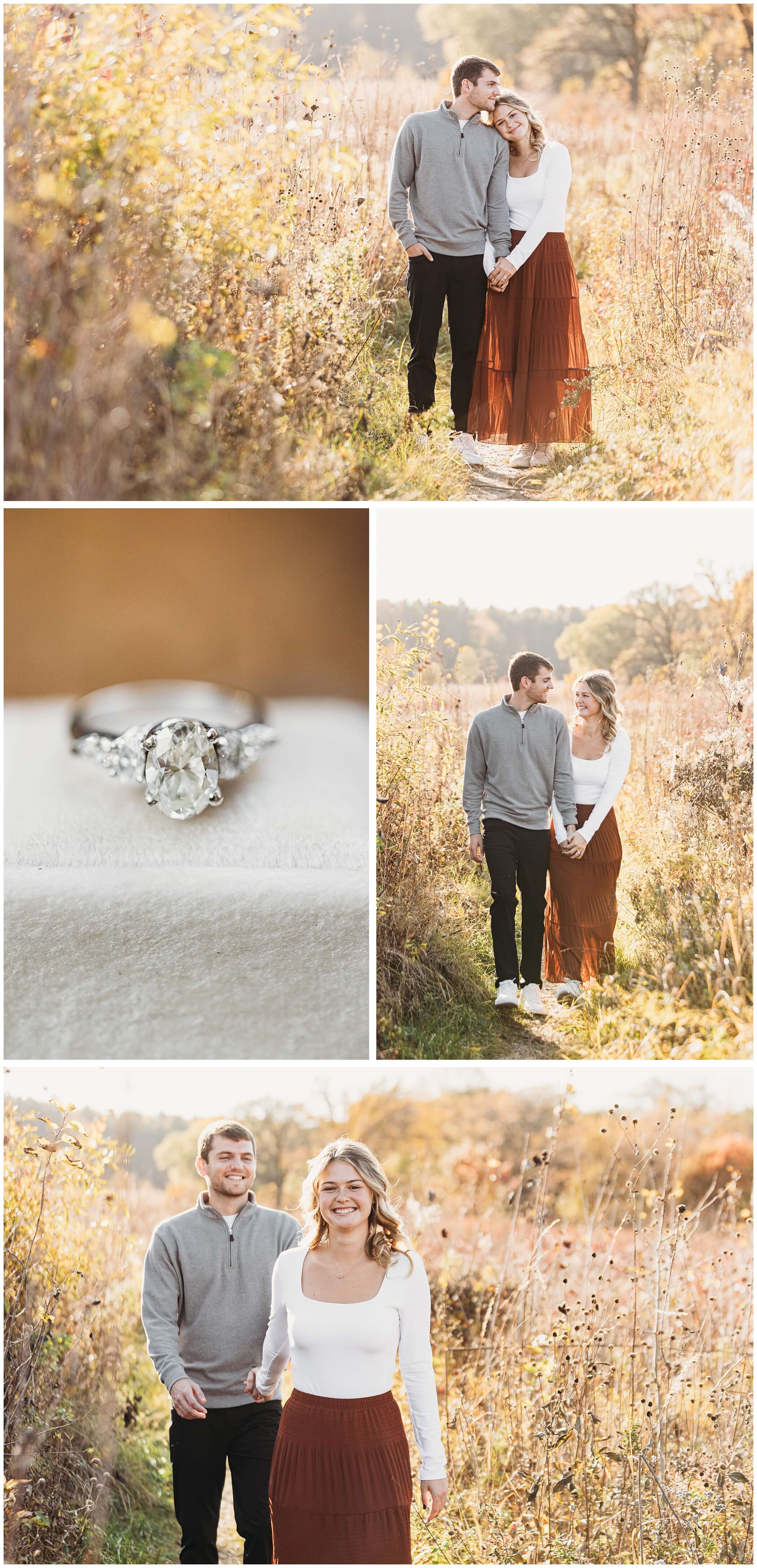fall engagement photos in a field at the UW Madison Arboretum, oval engagement ring