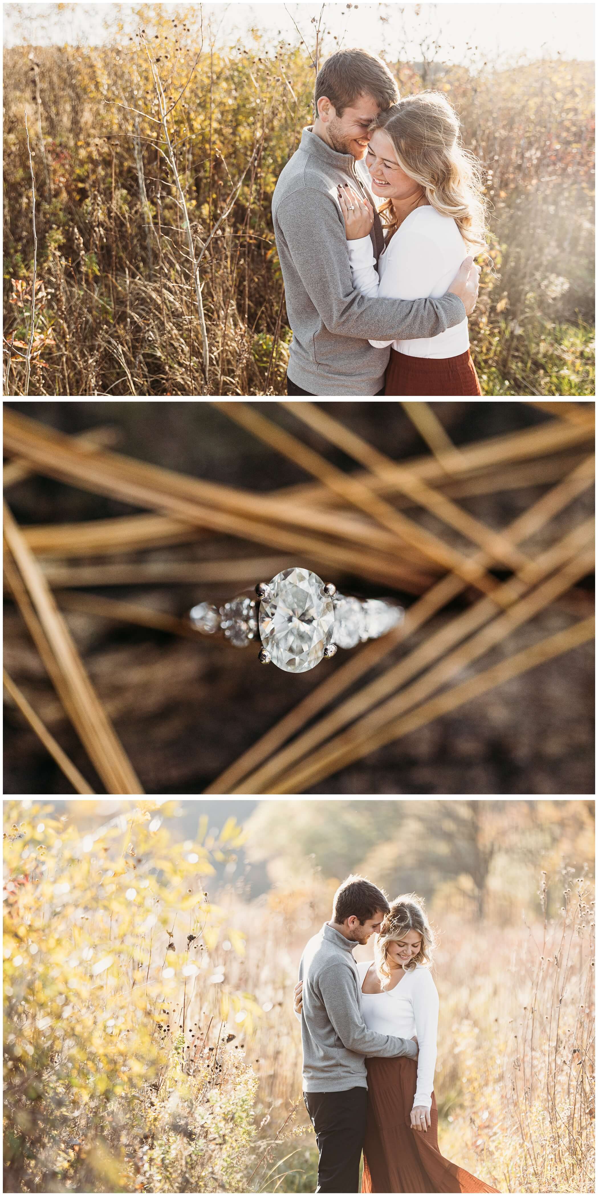 snuggly fall engagement photos at UW Madison Arboretum, Oval engagement ring