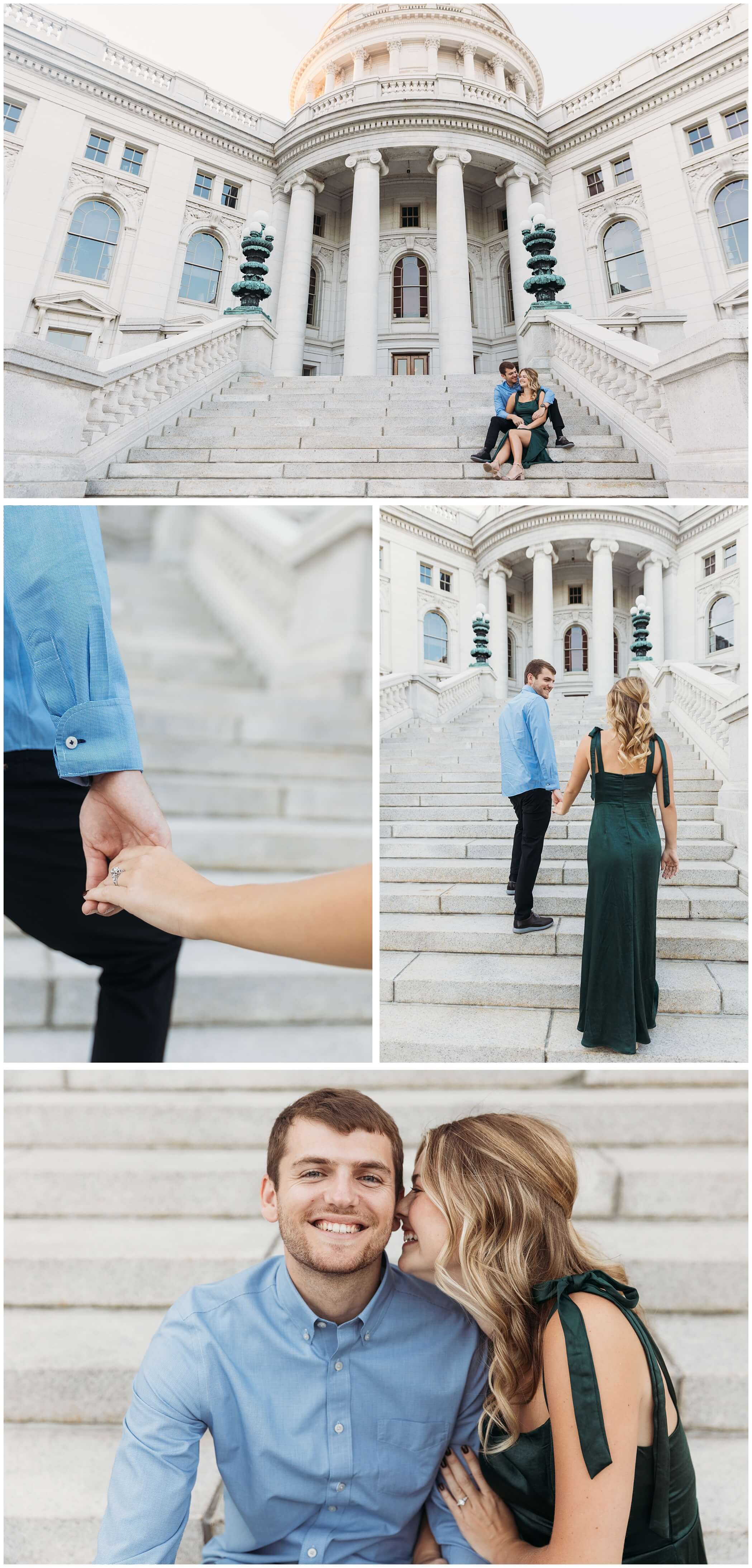 engagement photos on the front steps of capitol building in madison wisconsin