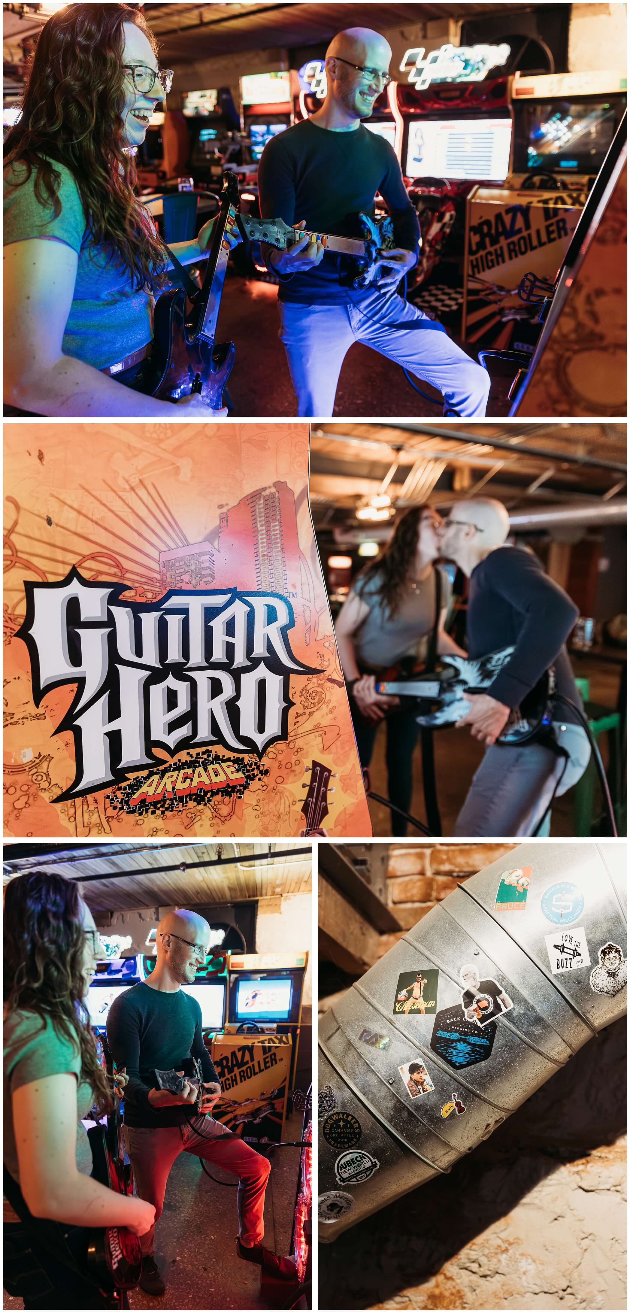 couple plays Guitar Hero Arcade during engagement photos at backpocket brewery dubuque